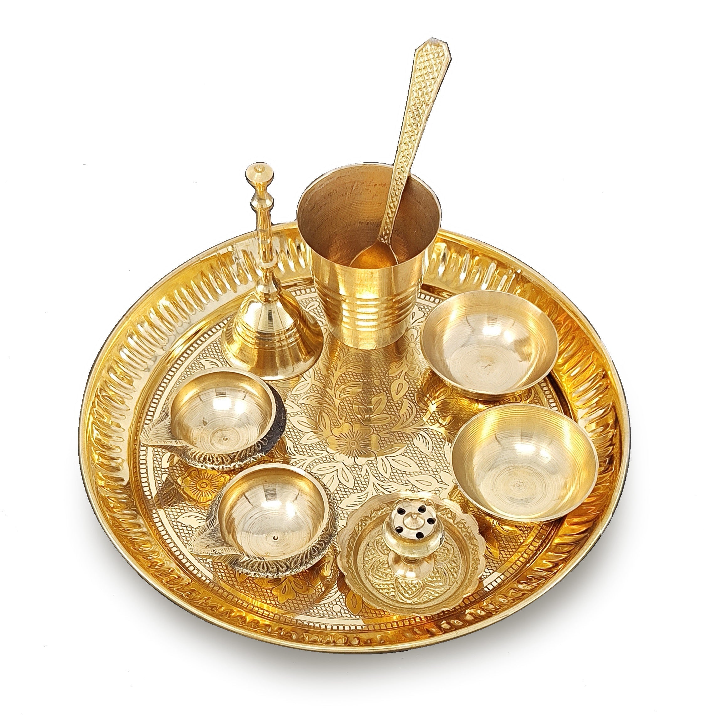 BENGALEN Brass Pooja Thali Set 7 Inch with Pital Puja Plate Kalash Bowl Spoon Dhup Dan Palli Ghanti Kuber Diya Chandan Wati Arti Thali for Diwali Home Office Mandir Wedding Return Gift Items