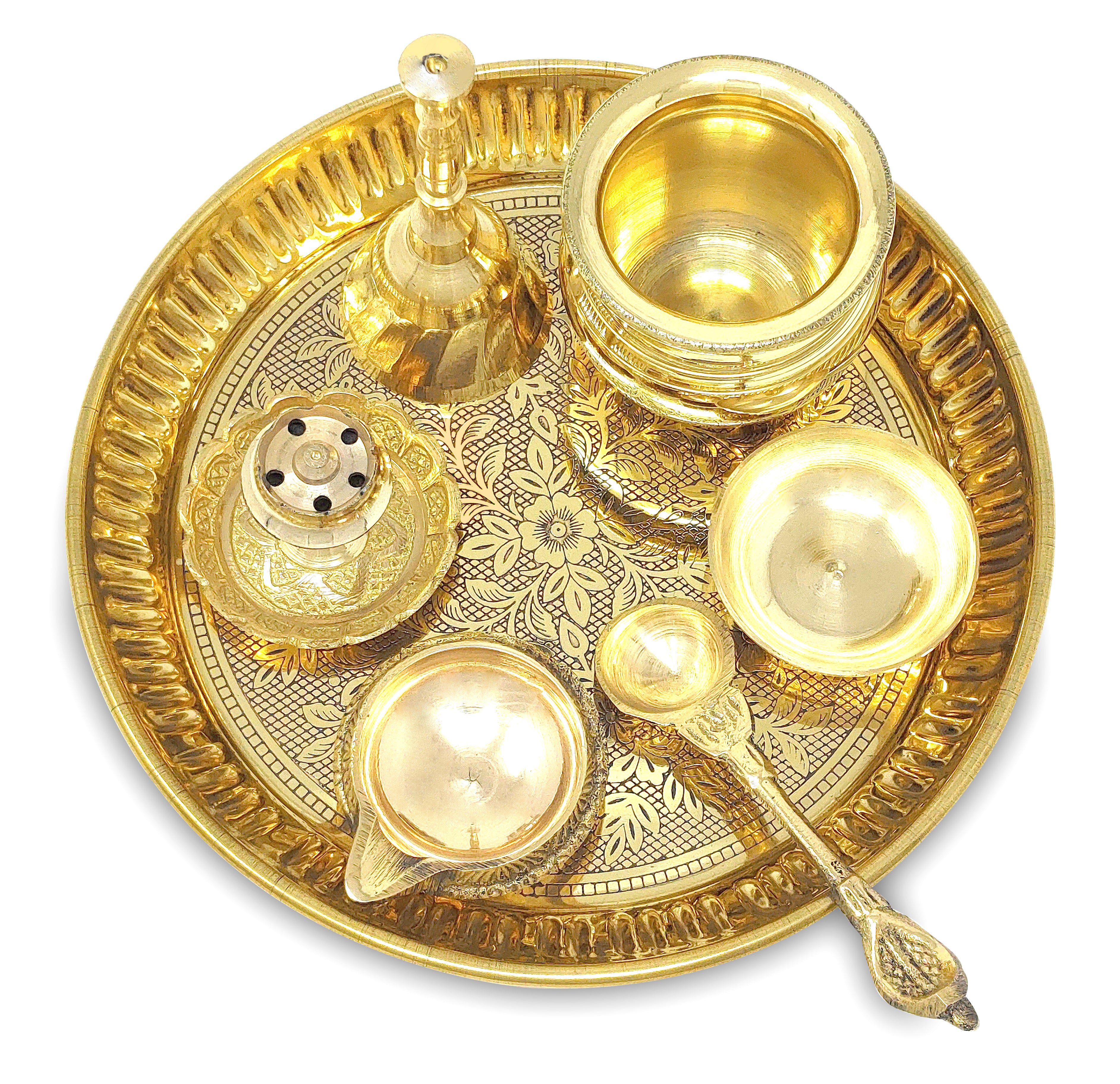 BENGALEN Brass Pooja Thali Set 6 Inch Puja Thali with Pital Plate Kalash Kuber Diya Chandan Wati Agarbatti Stand Ghanti Palli Arti Thali for Diwali Home Office Mandir Wedding Return Gift Items