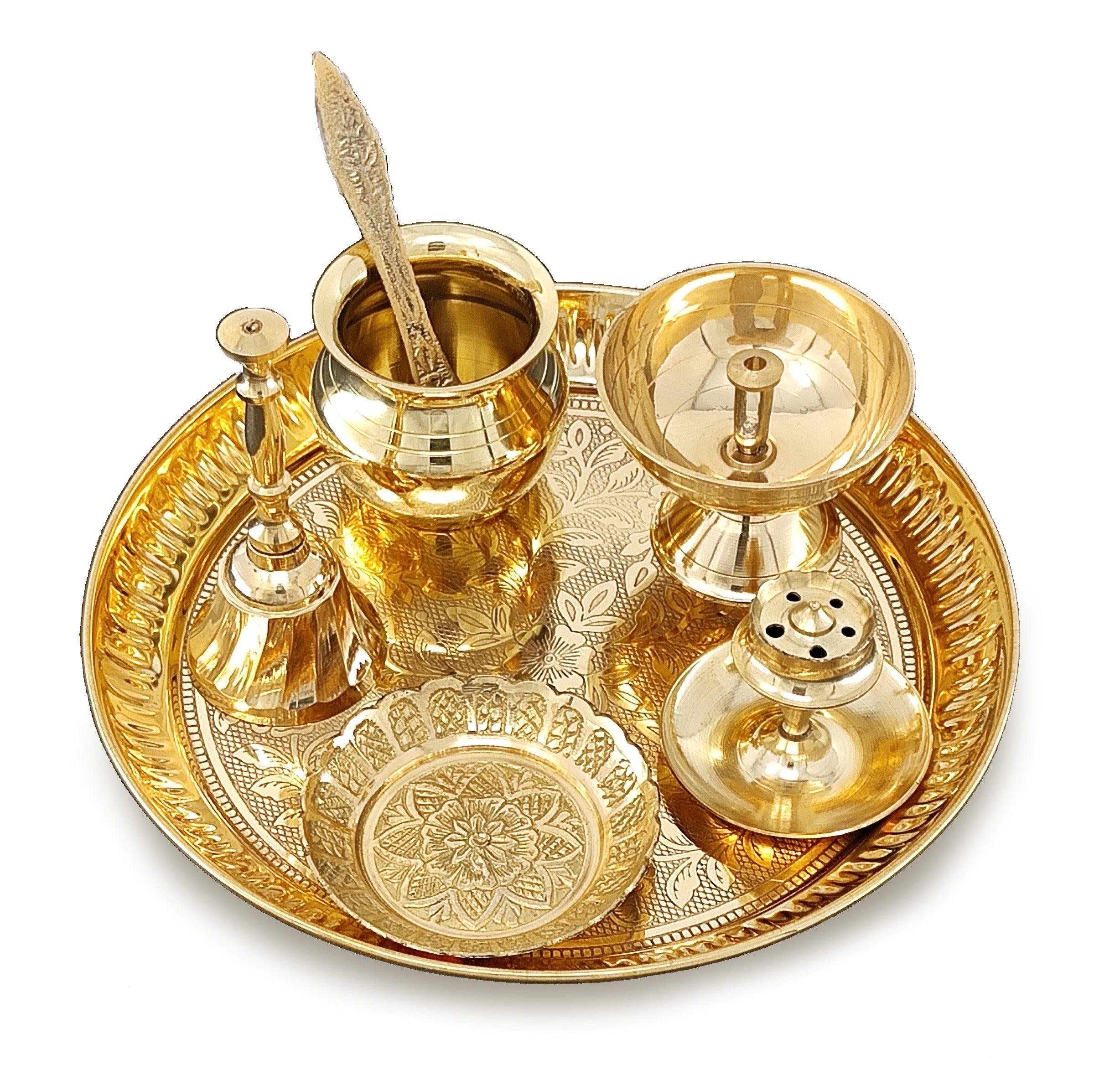 BENGALEN Brass Pooja Thali Set 7 Inch with Pital Puja Plate Kalash Bowl Spoon Dhup Dan Palli Ghanti Kuber Diya Chandan Wati Arti Thali for Diwali Home Office Mandir Wedding Return Gift Items