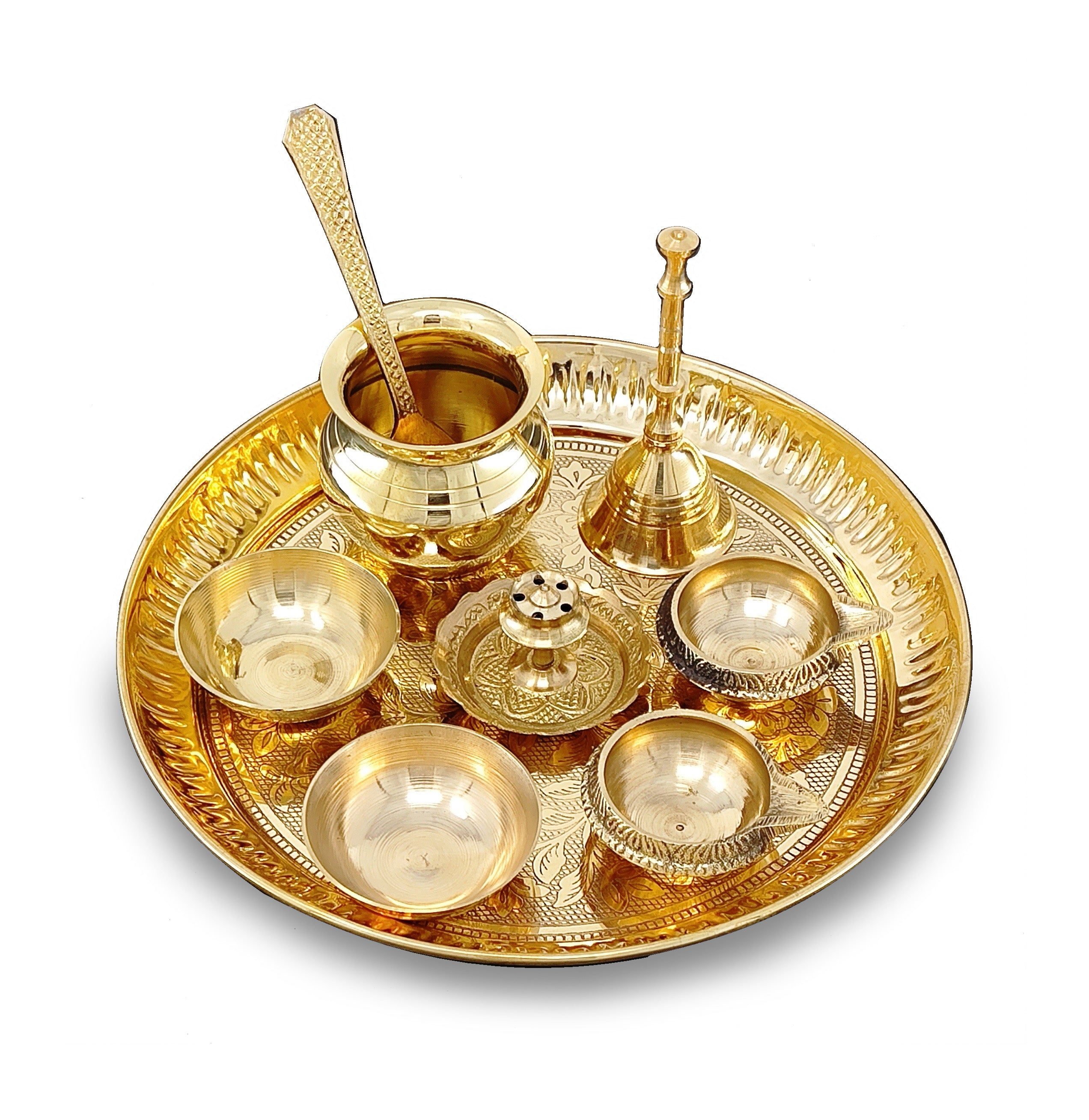 BENGALEN Brass Pooja Thali Set 7 Inch with Pital Puja Plate Kalash Bowl Spoon Dhup Dan Palli Ghanti Kuber Diya Chandan Wati Arti Thali for Diwali Home Office Mandir Wedding Return Gift Items