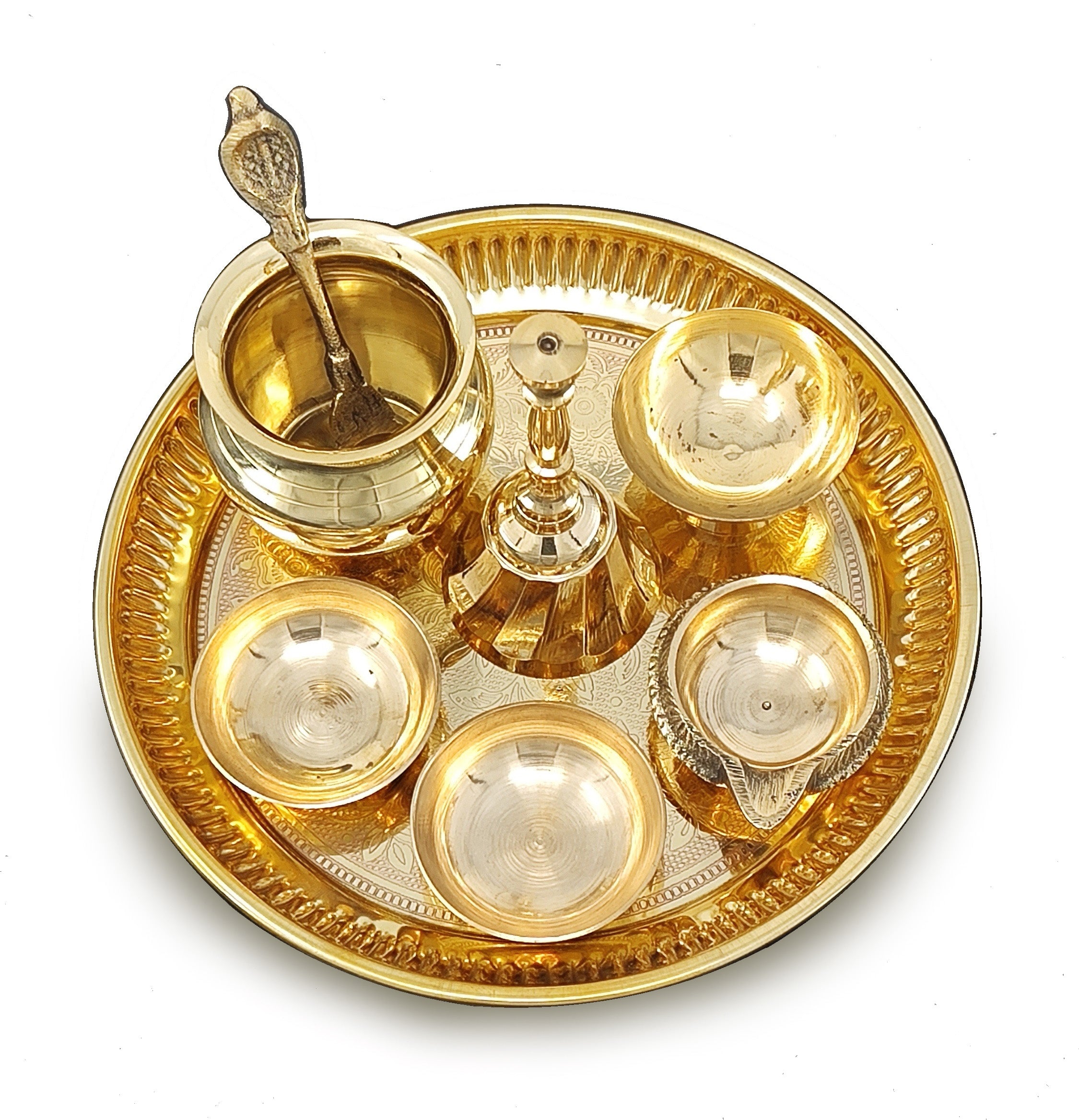 BENGALEN Brass Pooja Thali Set 6 Inch Puja Thali with Pital Plate Chandan Wati Kalash Kuber Diya Ghanti Palli Arti Thali for Diwali Home Office Mandir Wedding Return Gift Items