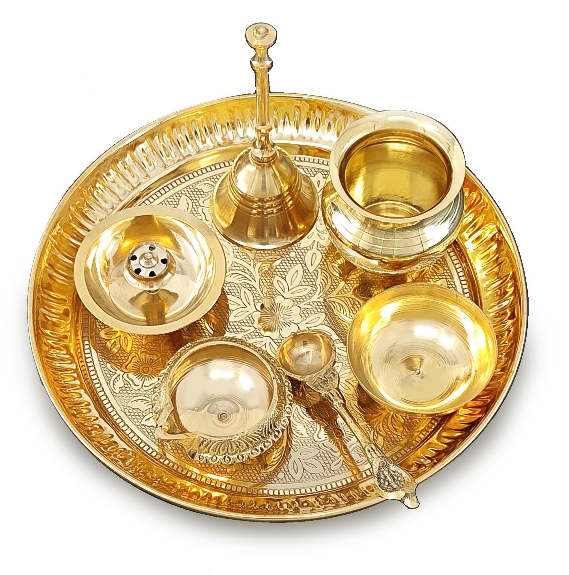 BENGALEN Brass Pooja Thali Set 7 Inch with Pital Puja Plate Kalash Bowl Spoon Dhup Dan Palli Ghanti Kuber Diya Chandan Wati Arti Thali for Diwali Home Office Mandir Wedding Return Gift Items