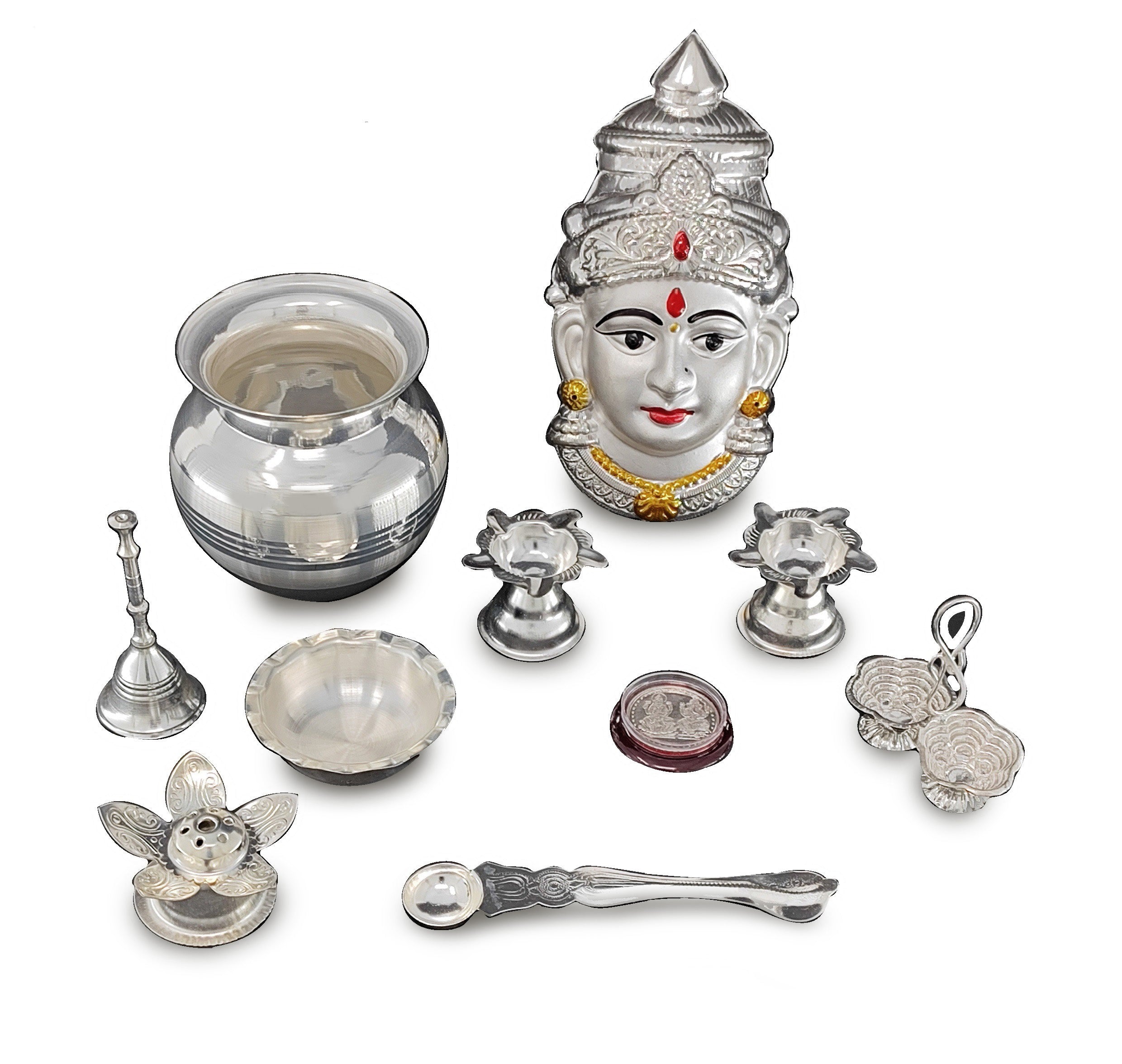 BENGALEN Silver Plated Pooja thali Set with Varalakshmi Devi Mukhota Idol Statue