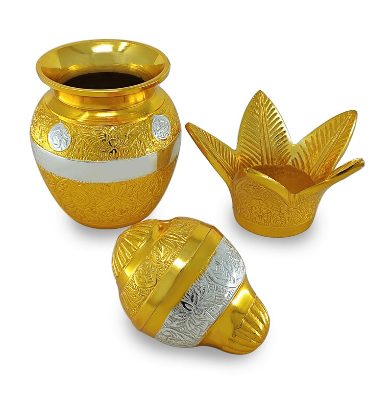 BENGALEN German Silver Gold Plated Pooja Kalash lota Coconut Leaves with Royal Velvet Box Poojan Home Temple Diwali Wedding Gift Items