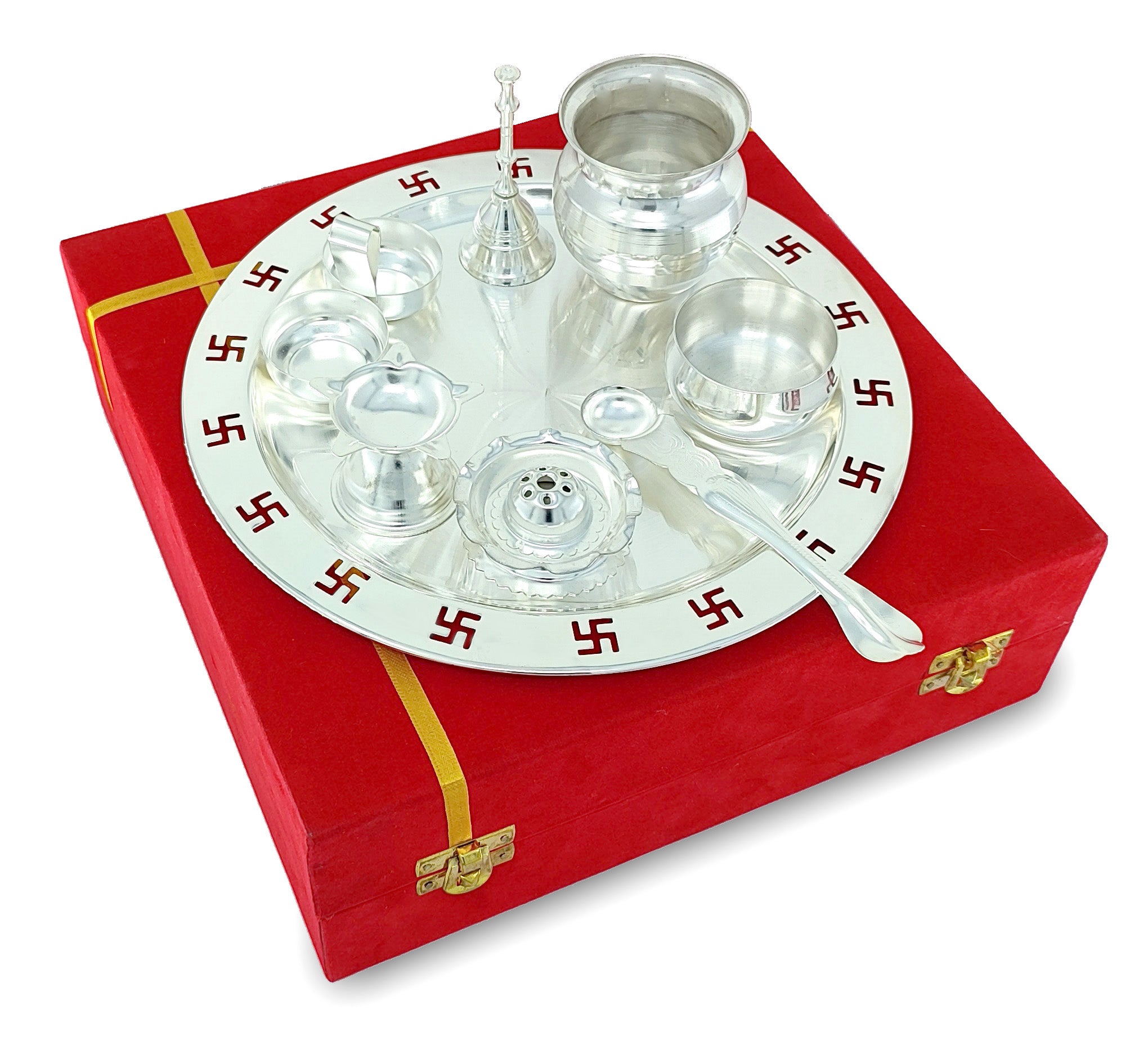 BENGALEN Pooja Thali Set Silver Plated with Red Gift Box