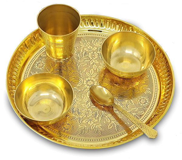 BENGALEN Brass Pooja Thali Set 8 Inch Puja Bhog Thali with Pital Plate Bowl Glass Spoon Arti Thali for Diwali Home Office Mandir Wedding Return Gift Items