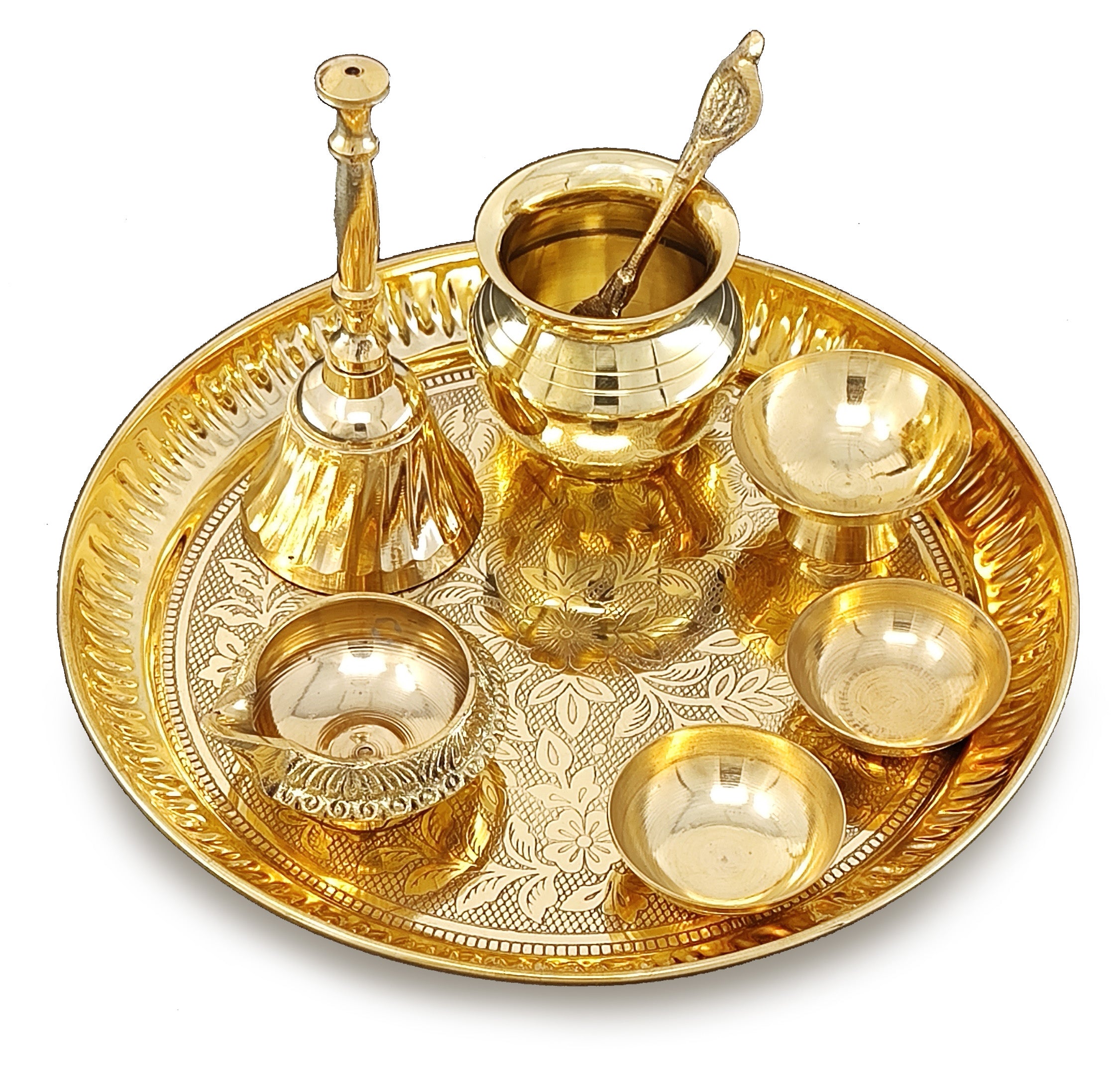 BENGALEN Brass Pooja Thali Set 7 Inch with Pital Puja Plate Kalash Bowl Spoon Dhup Dan Palli Ghanti Kuber Diya Chandan Wati Arti Thali for Diwali Home Office Mandir Wedding Return Gift Items