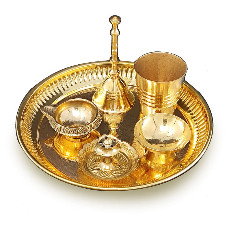 BENGALEN Brass Pooja Thali Set 6 Inch Puja Thali with Pital Plate Glass Chandan Vati Dhup Dan Kuber Diya Ghanti Arti Thali for Diwali Home Office Mandir Wedding Return Gift Items
