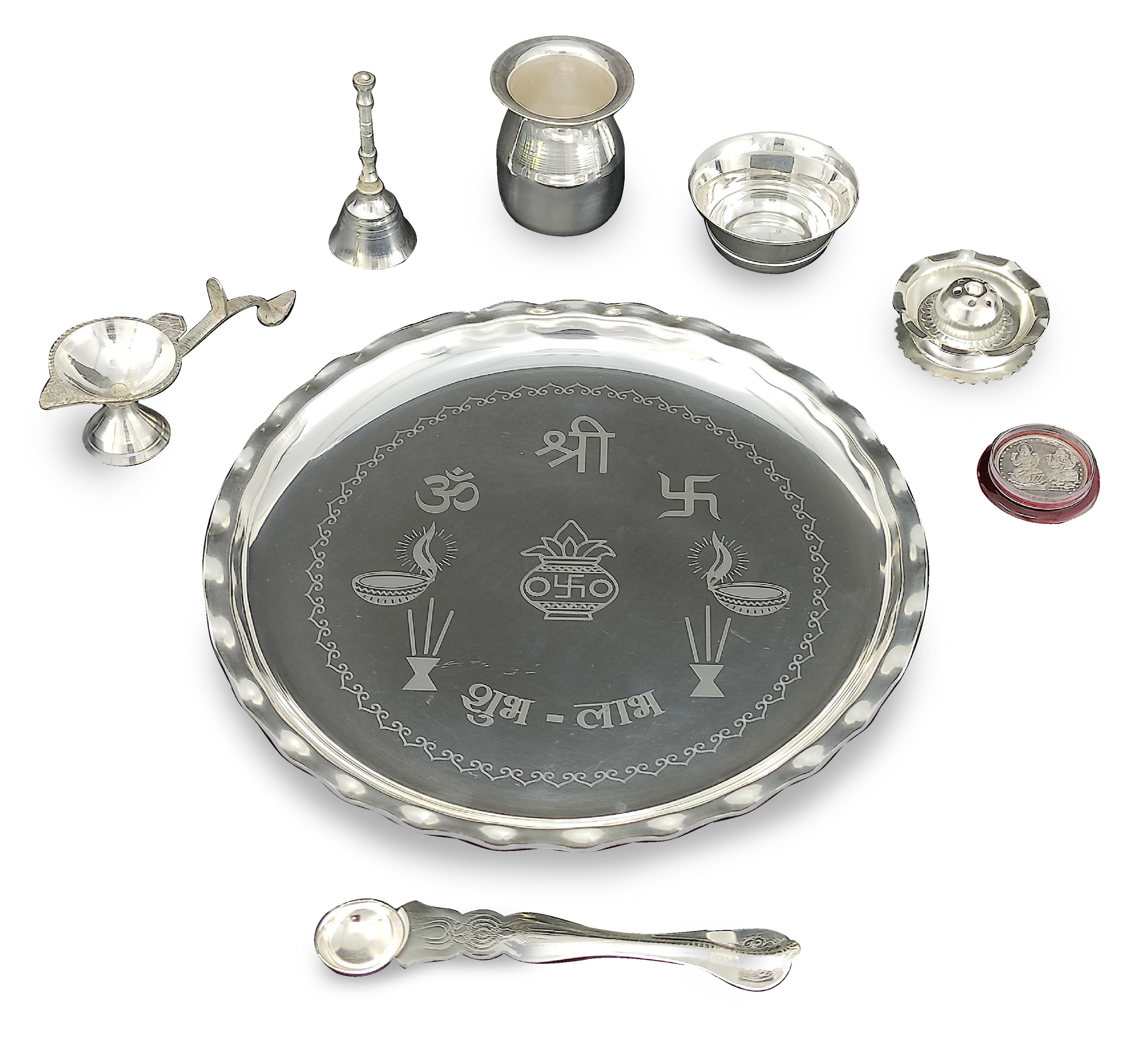 BENGALEN Silver Plated Pooja Thali Set 9.5 Inch Plate with Bowl Lotti Ghanti Palli Coin Diya Dhup Dan for Puja Diwali Home Decor Temple Office Wedding Return Gift Items