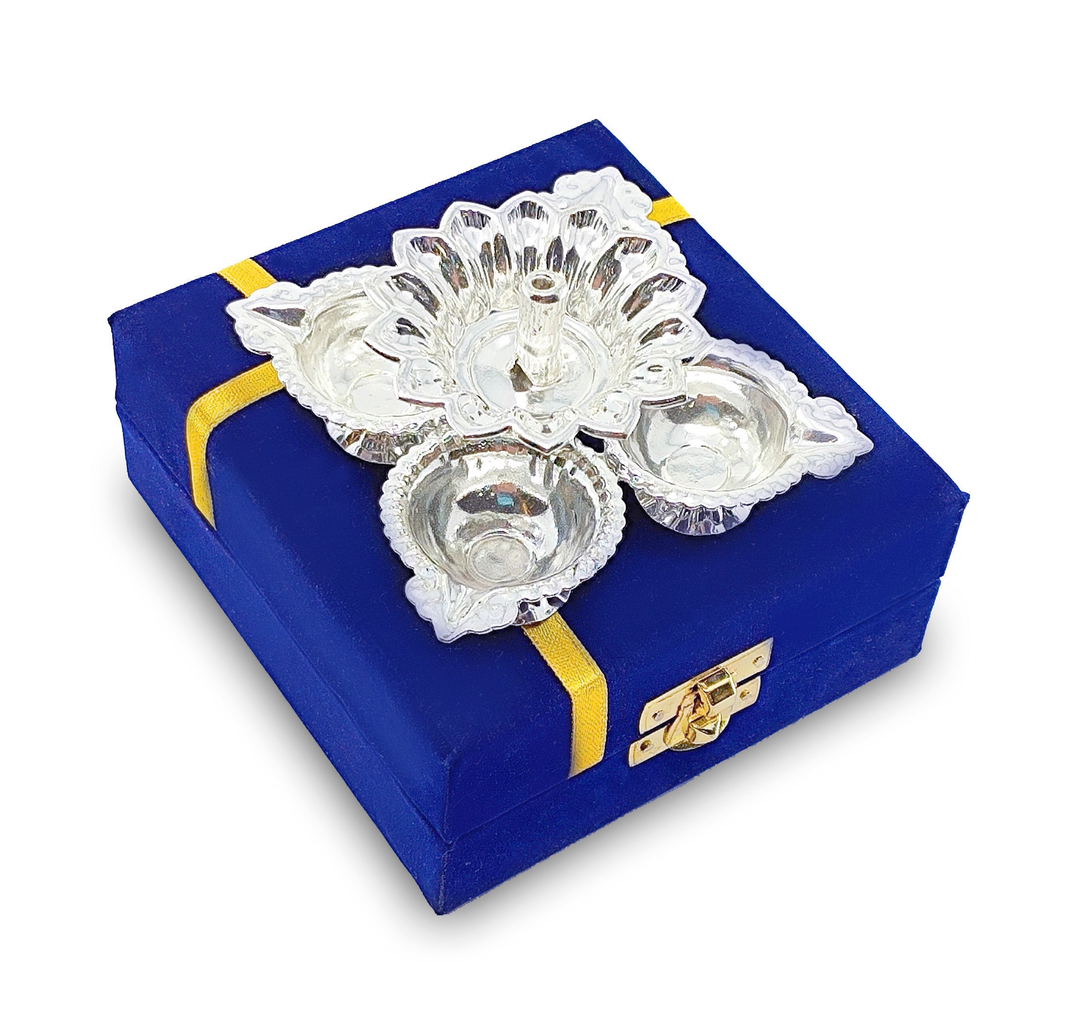 BENGALEN Silver Plated Diya with Blue Velvet Gift Box Panchmukhi Dia Pooja Items Diwali Decoration Puja Gifts Handmade Oil Lamp Traditional Indian Deepawali Gift Items