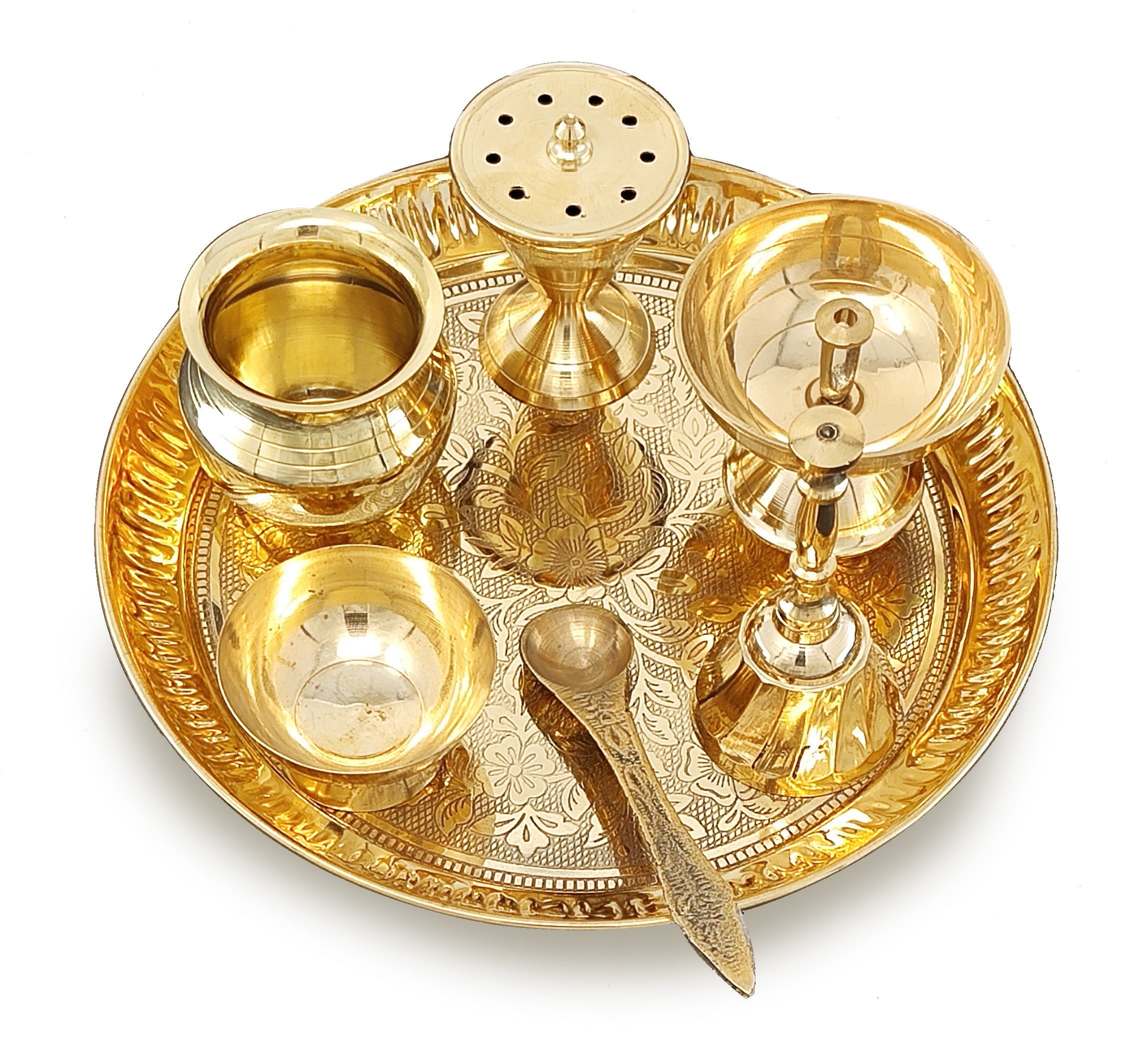 BENGALEN Brass Pooja Thali Set 7 Inch with Pital Puja Plate Kalash Bowl Spoon Dhup Dan Palli Ghanti Kuber Diya Chandan Wati Arti Thali for Diwali Home Office Mandir Wedding Return Gift Items