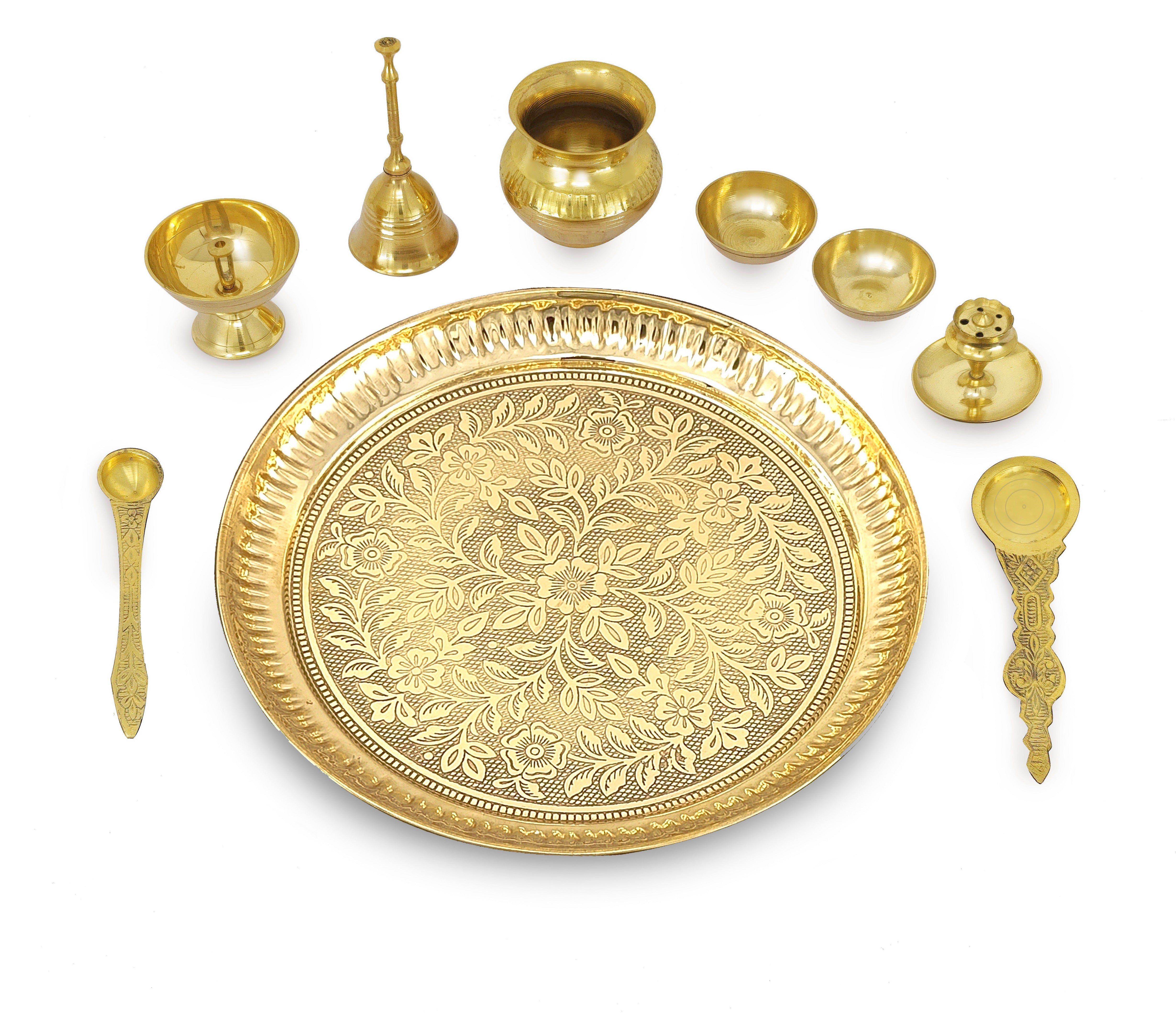 BENGALEN Brass Pooja Thali Set 10 Inch for Diwali Home Office Mandir Wedding Return Gift Items