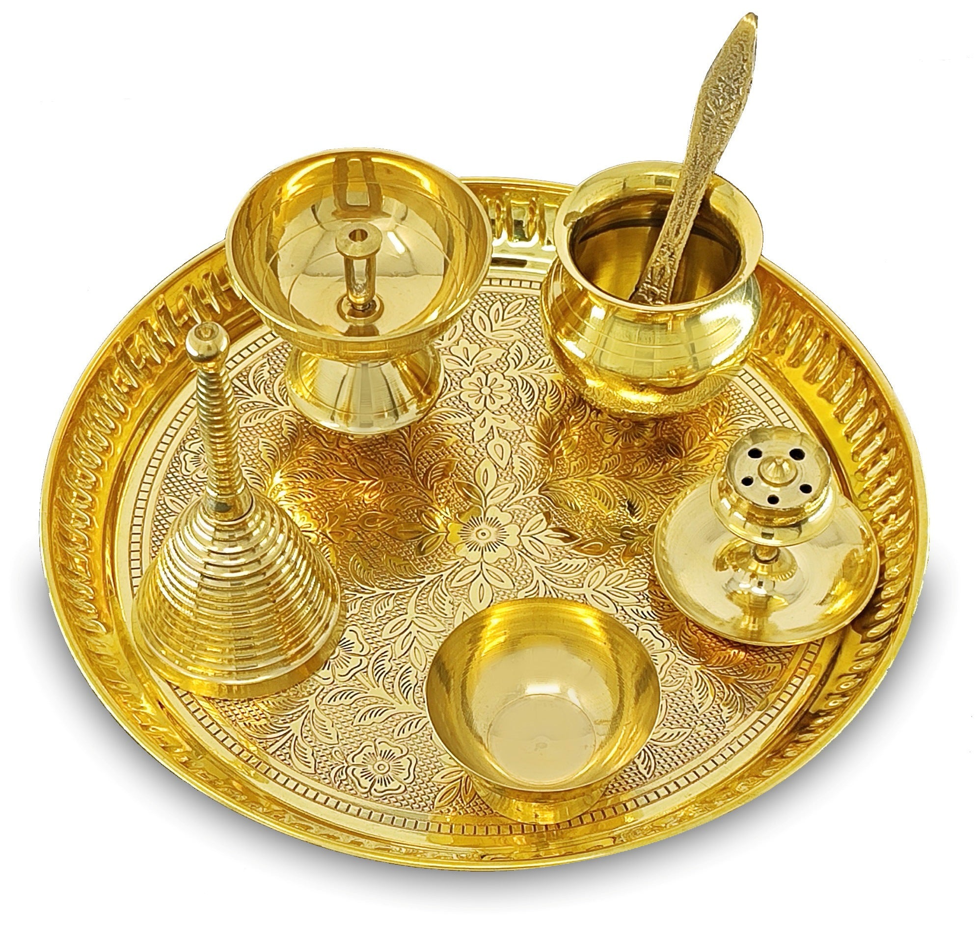 BENGALEN Brass Pooja Thali Set 8 Inch Puja Thali with Pital Plate Kalash Piyali Diya Ghanti Dhup Dan Chandan Wati Palli Arti Thali for Diwali Home Office Mandir Wedding Return Gift Items