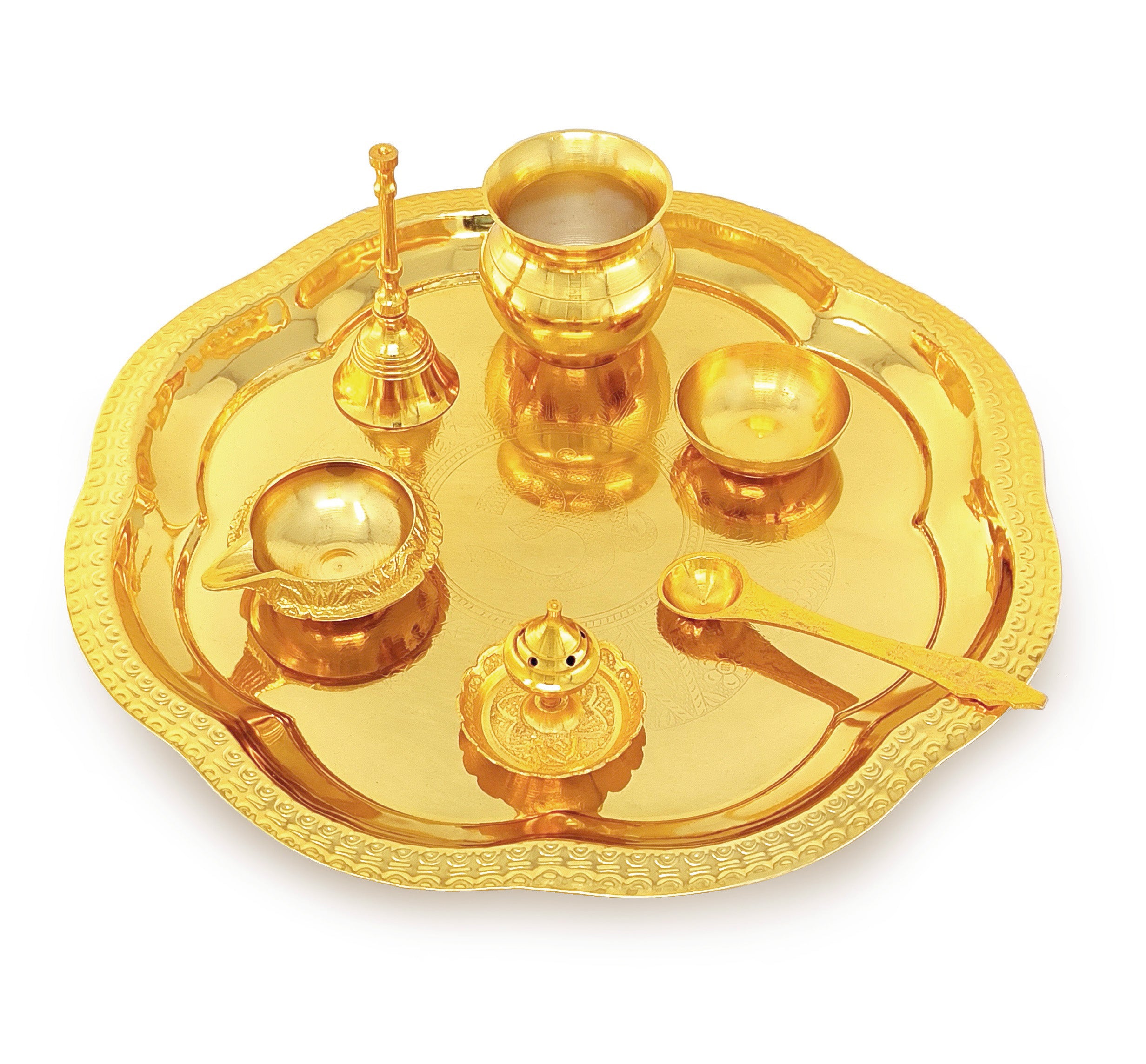 BENGALEN Pooja Thali Set Gold Plated with Gift Box 22 cm Designed Puja Plate Kalash Ghanti Bowl Spoon Dhup Dan Diya for Housewarming Diwali Wedding Gift Items