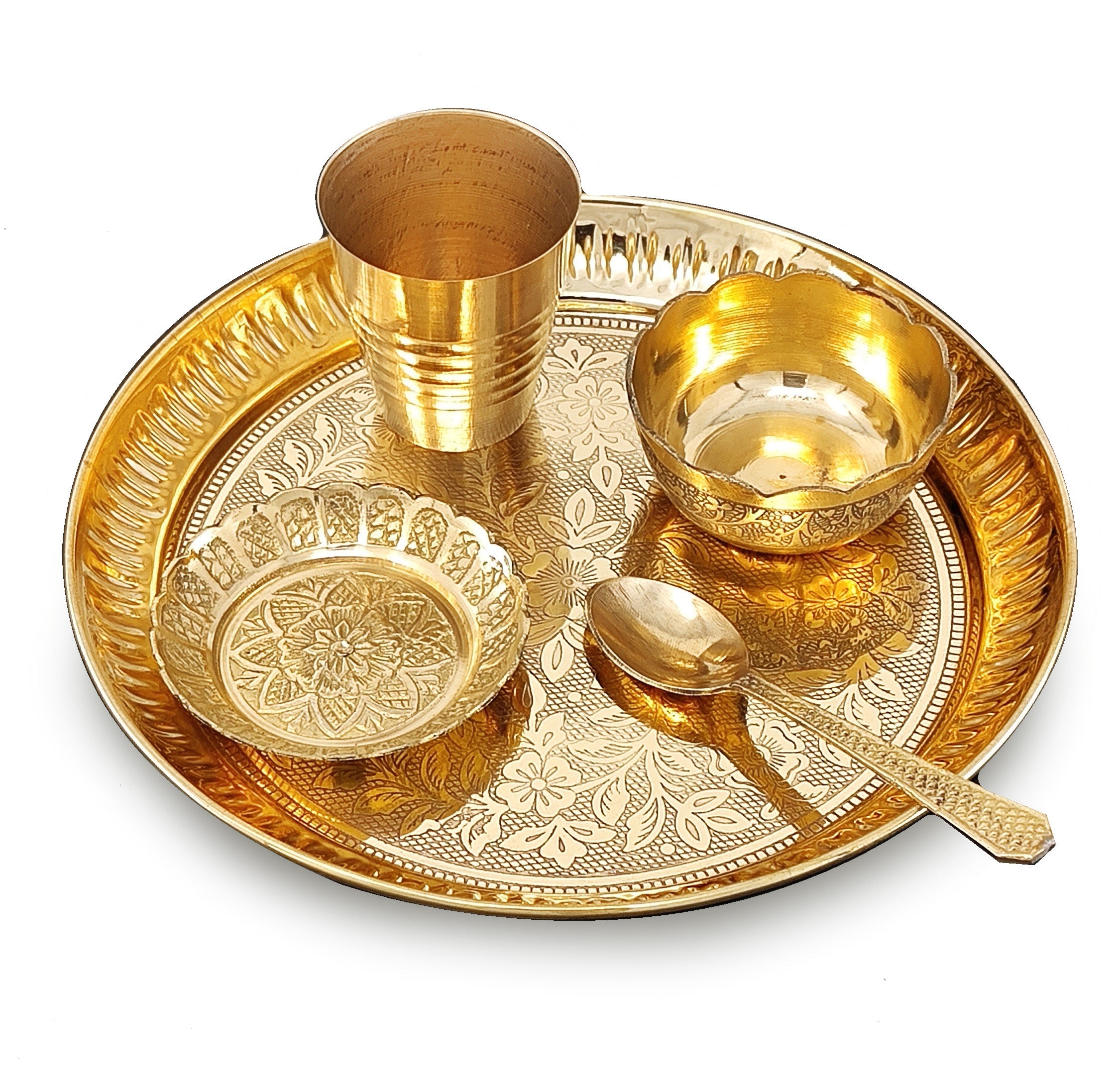 BENGALEN Brass Pooja Thali Set 7 Inch with Pital Puja Plate Kalash Bowl Spoon Dhup Dan Palli Ghanti Kuber Diya Chandan Wati Arti Thali for Diwali Home Office Mandir Wedding Return Gift Items