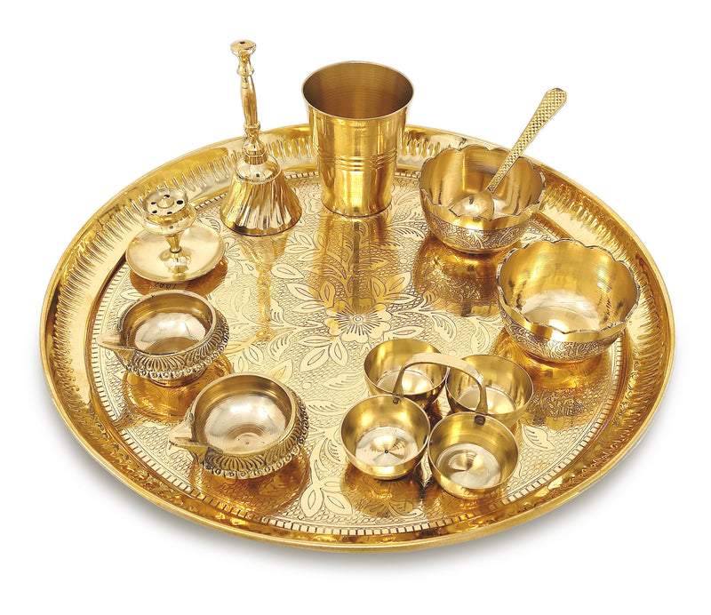 Bengalen Brass Pooja Thali Set 12 Inch with Pital Plate Glass Bowl Spoon Palli Ghanti Kuber Diya Dhup Dan Haldi Kumkum Stand Puja Thali for Diwali Home Office Mandir Wedding Return Gift Items