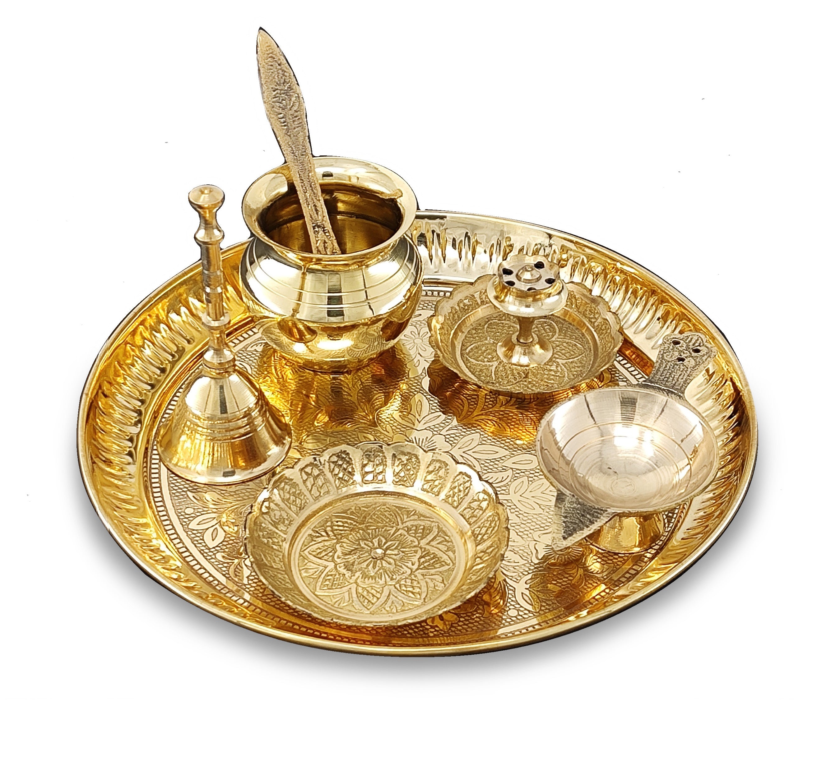 BENGALEN Brass Pooja Thali Set 7 Inch with Pital Puja Plate Kalash Bowl Spoon Dhup Dan Palli Ghanti Kuber Diya Chandan Wati Arti Thali for Diwali Home Office Mandir Wedding Return Gift Items