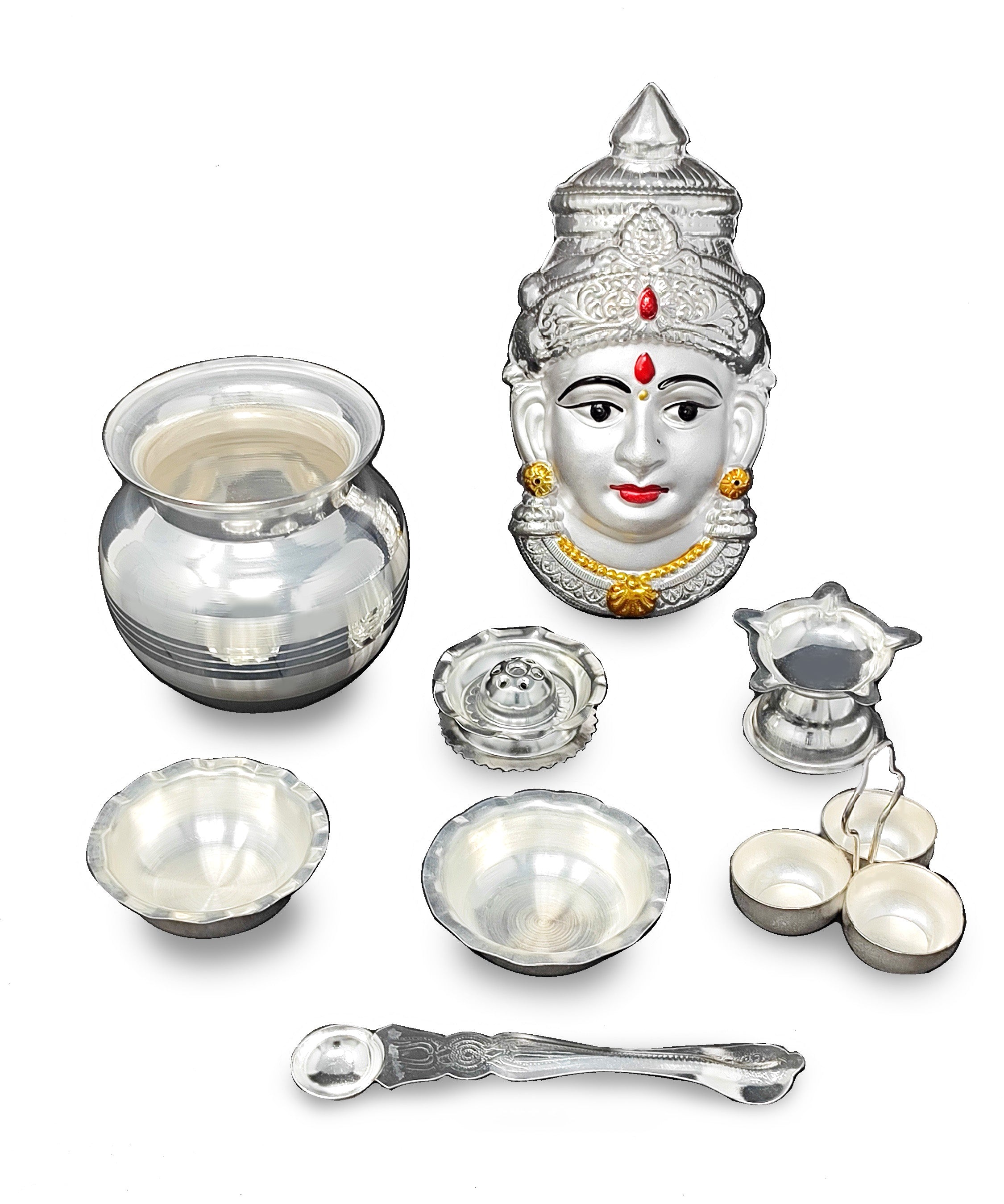 BENGALEN Silver Plated Pooja thali Set with Varalakshmi Devi Mukhota Idol Statue