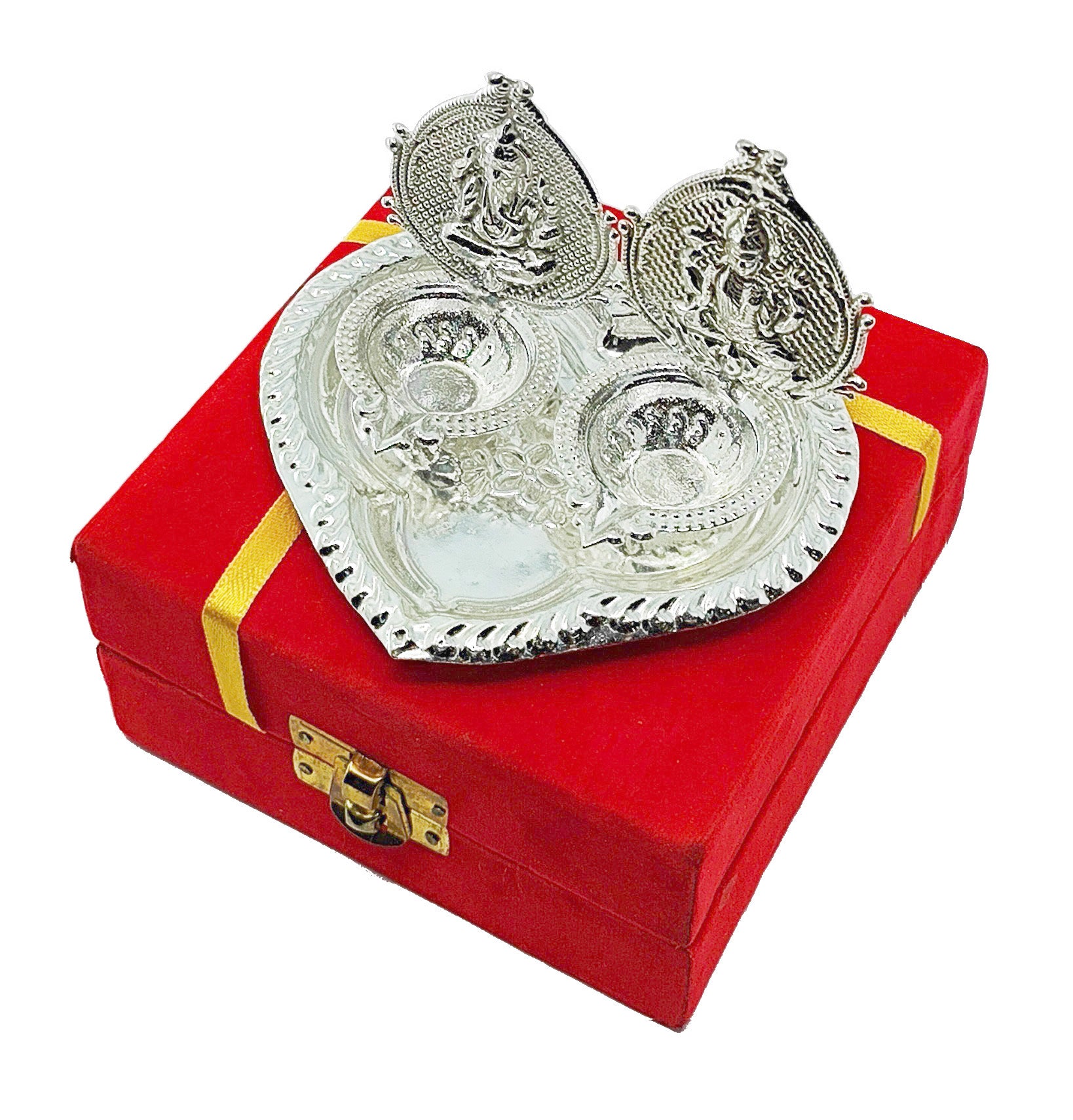 BENGALEN Silver Plated Lakshmi Ganesha Diya with Red Velvet Gift Box Dia Pooja Items Diwali Decoration Puja Gifts Handmade Gift Items