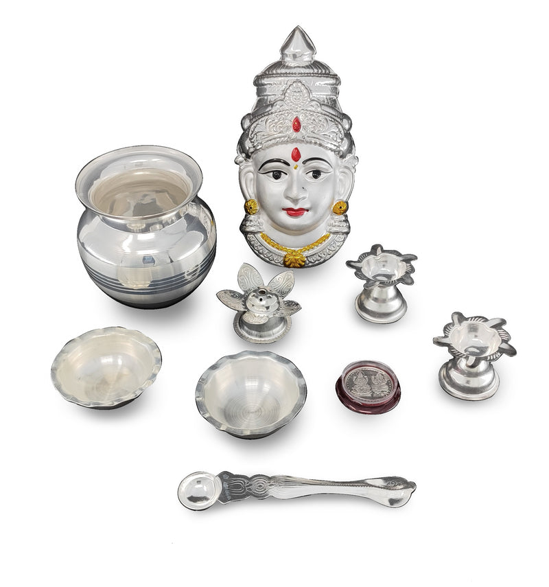 BENGALEN Silver Plated Pooja thali Set with Varalakshmi Devi Mukhota Idol Statue