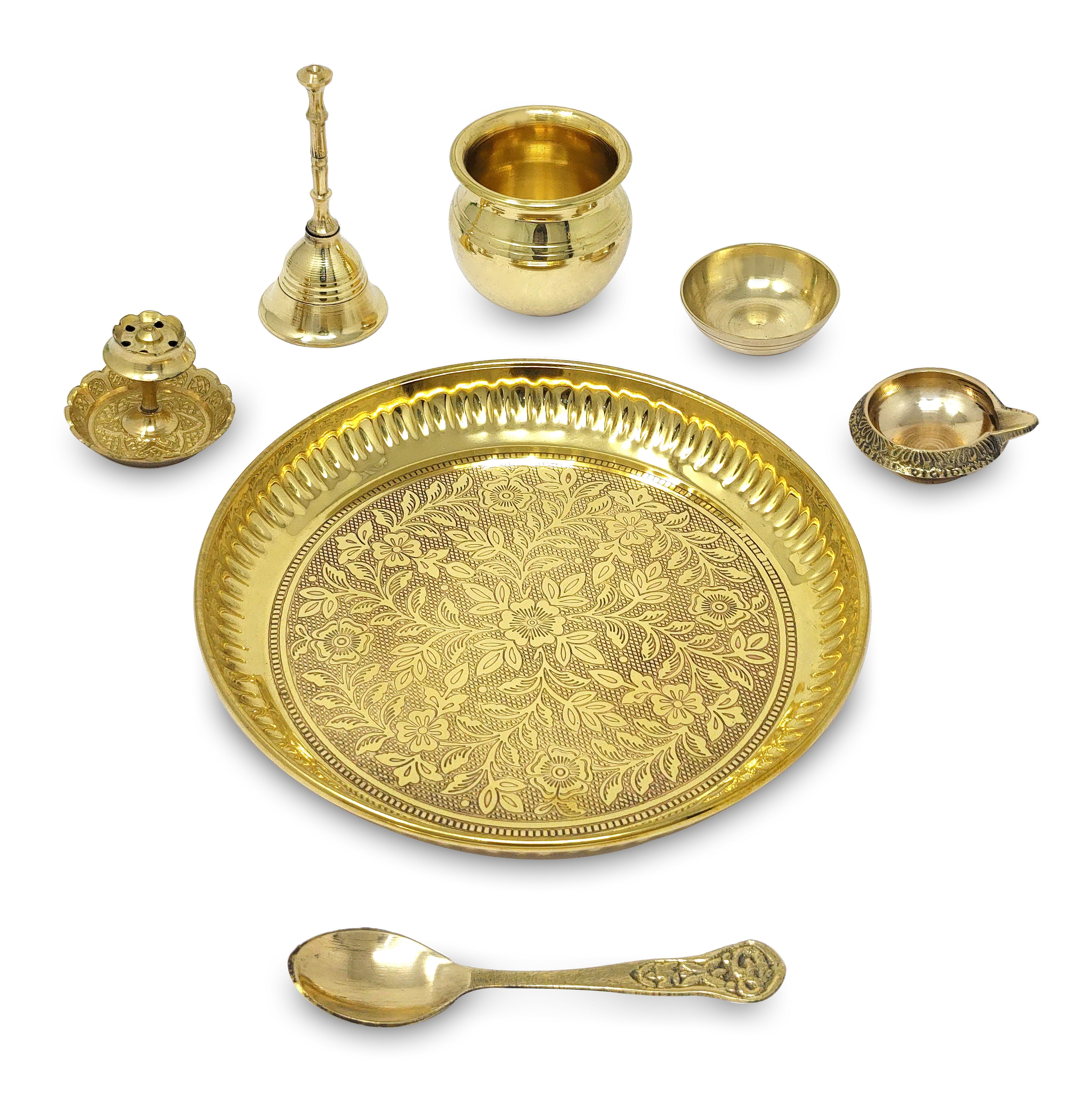 BENGALEN Brass Pooja Thali Set with Grey Gift Box 6 Inch