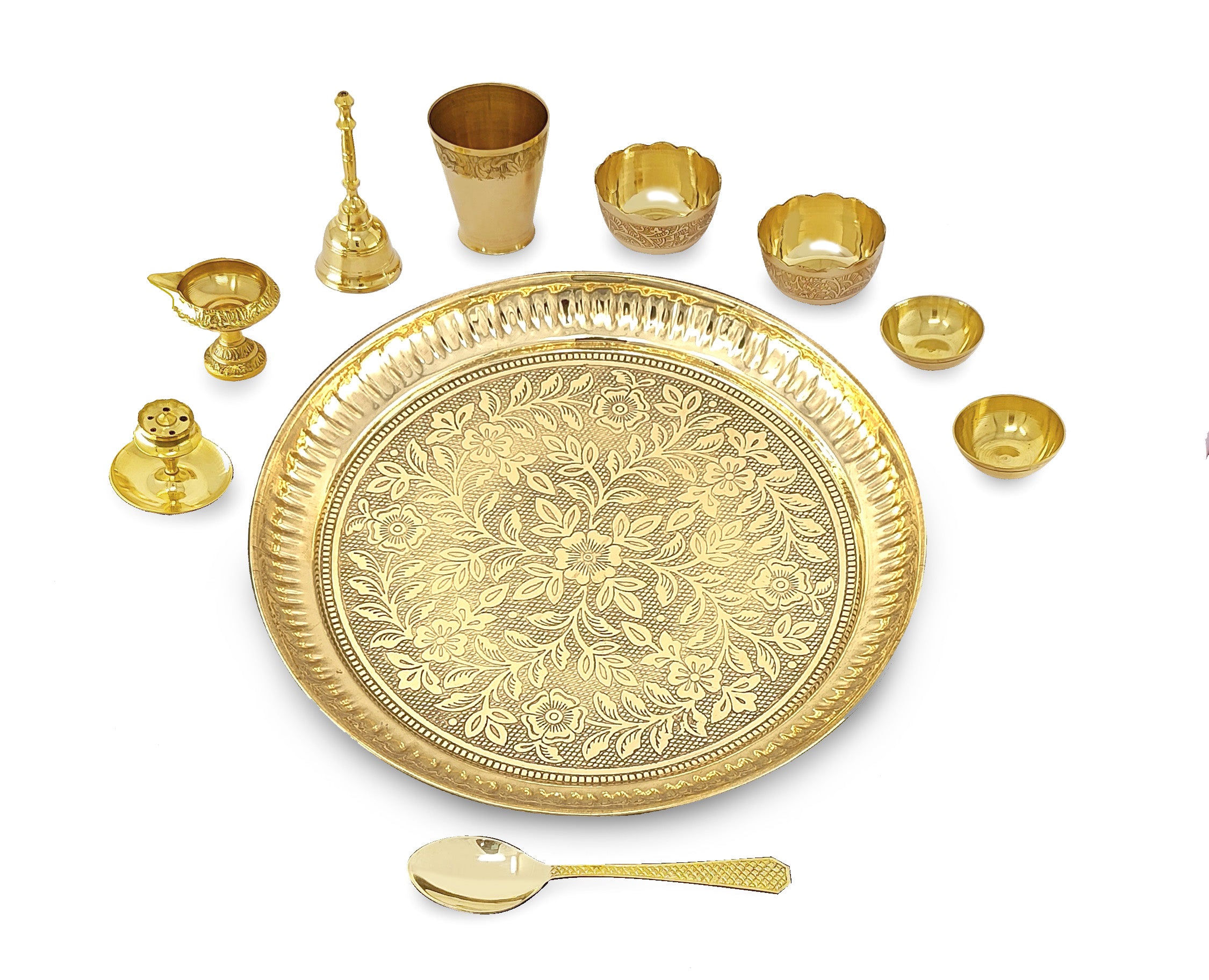 BENGALEN Brass Pooja Thali Set 10 Inch for Diwali Home Office Mandir Wedding Return Gift Items