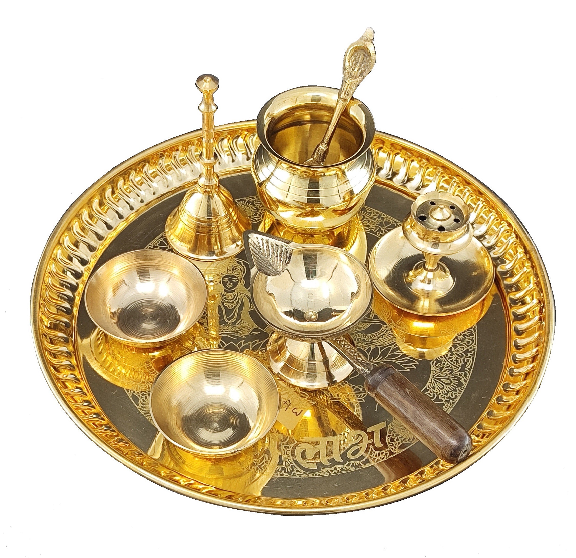 BENGALEN Brass Pooja Thali Set 8 Inch with Pital Puja Plate Kalash Bowl Palli Chandan Wati Diya Ghanti Dhup Dan Arti Thali for Diwali Home Office Mandir Wedding Return Gift Items