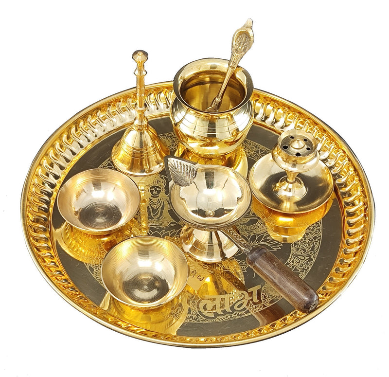 BENGALEN Brass Pooja Thali Set 8 Inch with Pital Puja Plate Kalash Bowl Palli Chandan Wati Diya Ghanti Dhup Dan Arti Thali for Diwali Home Office Mandir Wedding Return Gift Items