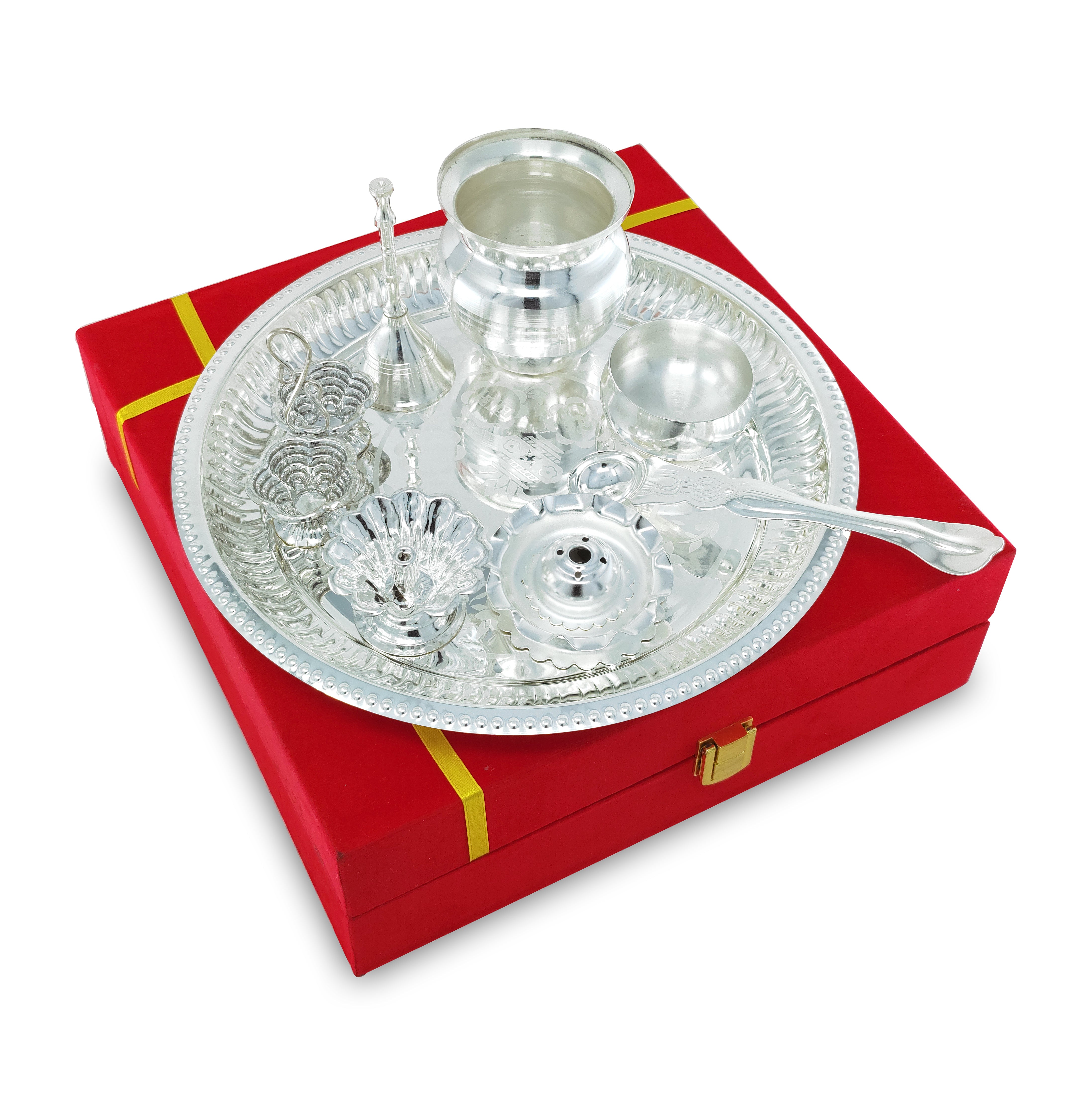 BENGALEN Pooja Thali Set Silver Plated with Red Gift Box Puja Plate Devdas Diya Kalash Bowl Palli Haldi Kumkum Stand Dhup Dan Ghanti for Home Office Diwali Wedding Return Gifts