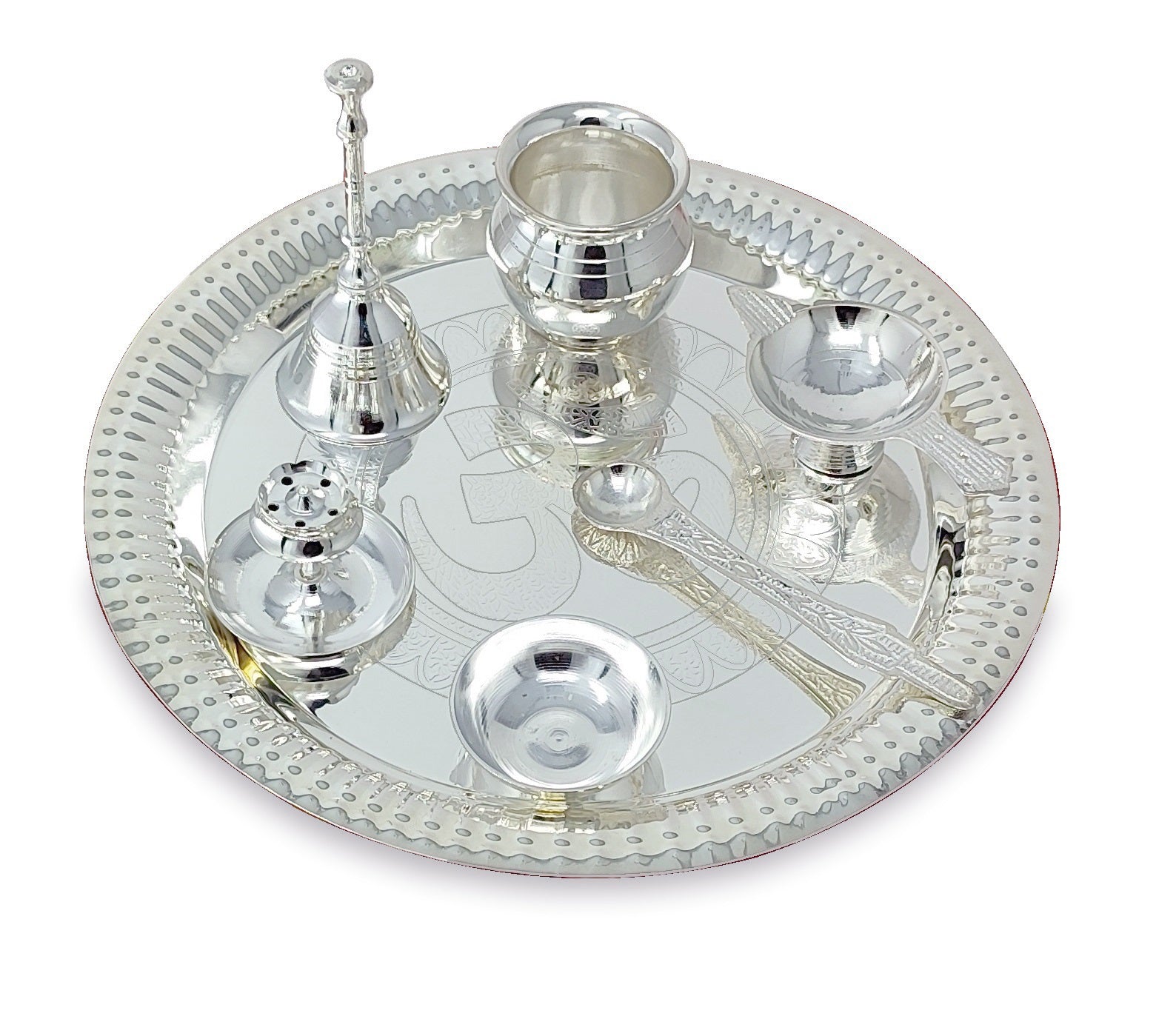 BENGALEN Pooja Thali Set Silver Plated with Grey Gift Box Om Designed 22 cm Puja Plate Kalash Bowl Ghanti Spoon Dhup Dan Diya for Home Office Diwali Wedding Return Gift Items