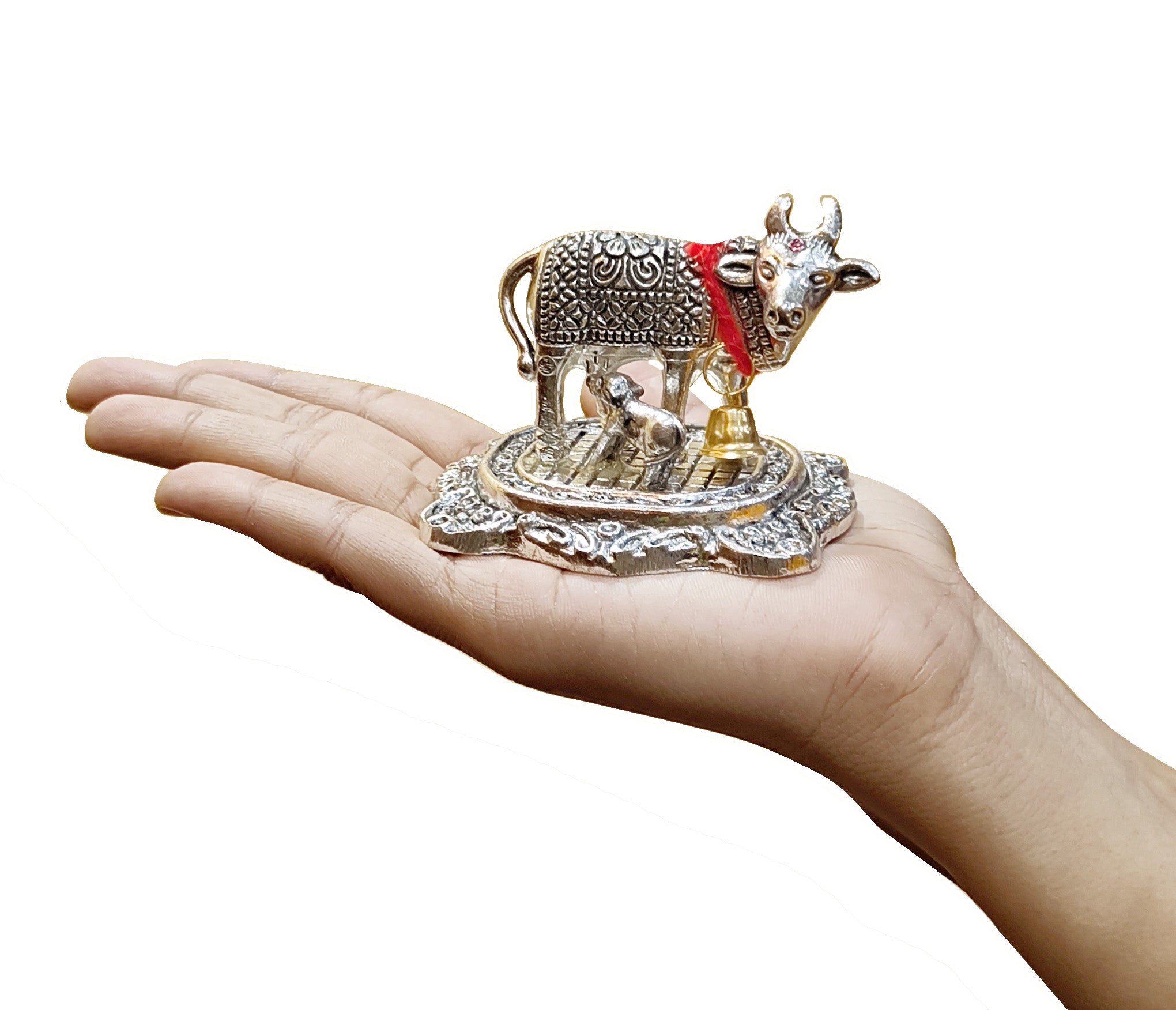 BENGALEN Small Kamdhenu Cow and Calf with Red Velvet Box Metal Statue, Decorative Showpiece for Home, Office, Diwali Decoration, Wedding Return Gift