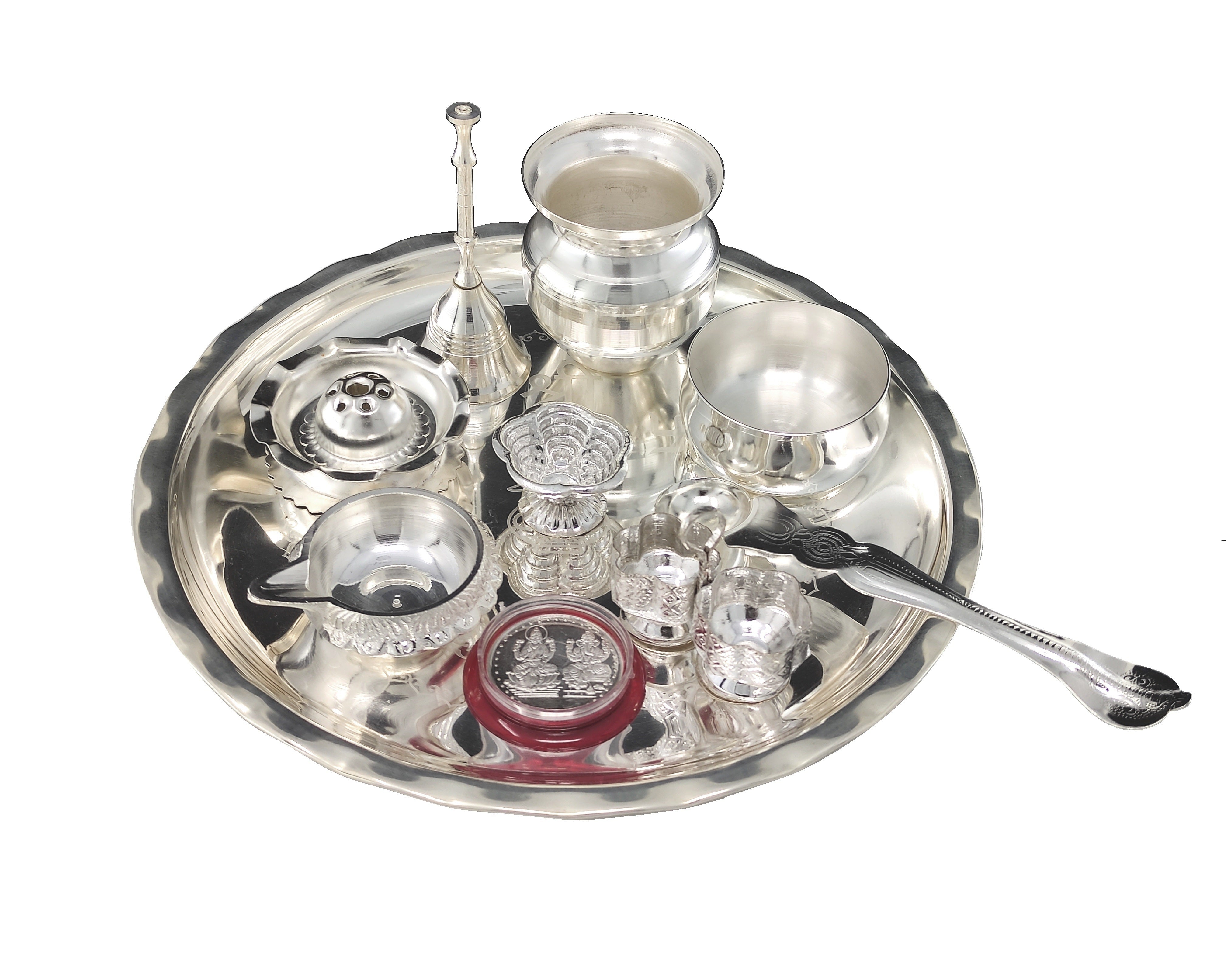 Bengalen Silver Plated Pooja thali Set 8 Inch with Plate Bowl Spoon Kalash Kuber Diya Kumkum Holder Agarbatti Stand Coin Puja Thali for Home Mandir Office Wedding Return Diwali Gift Items