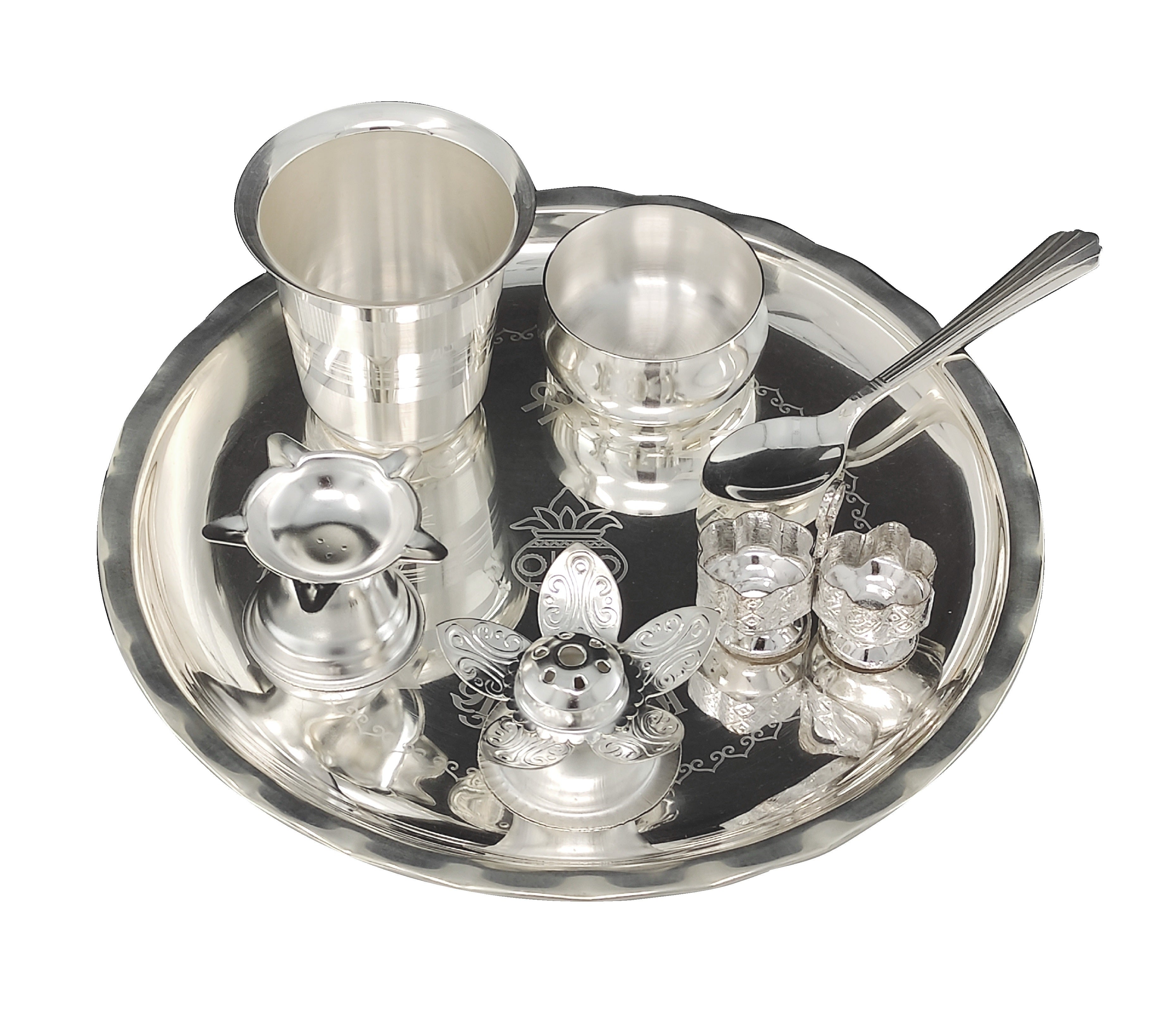 Bengalen Silver Plated Pooja thali Set 8 Inch with Plate Bowl Spoon Diya Kumkum Holder Agarbatti Stand Puja Thali for Home Mandir Office Wedding Return Diwali Gift Items