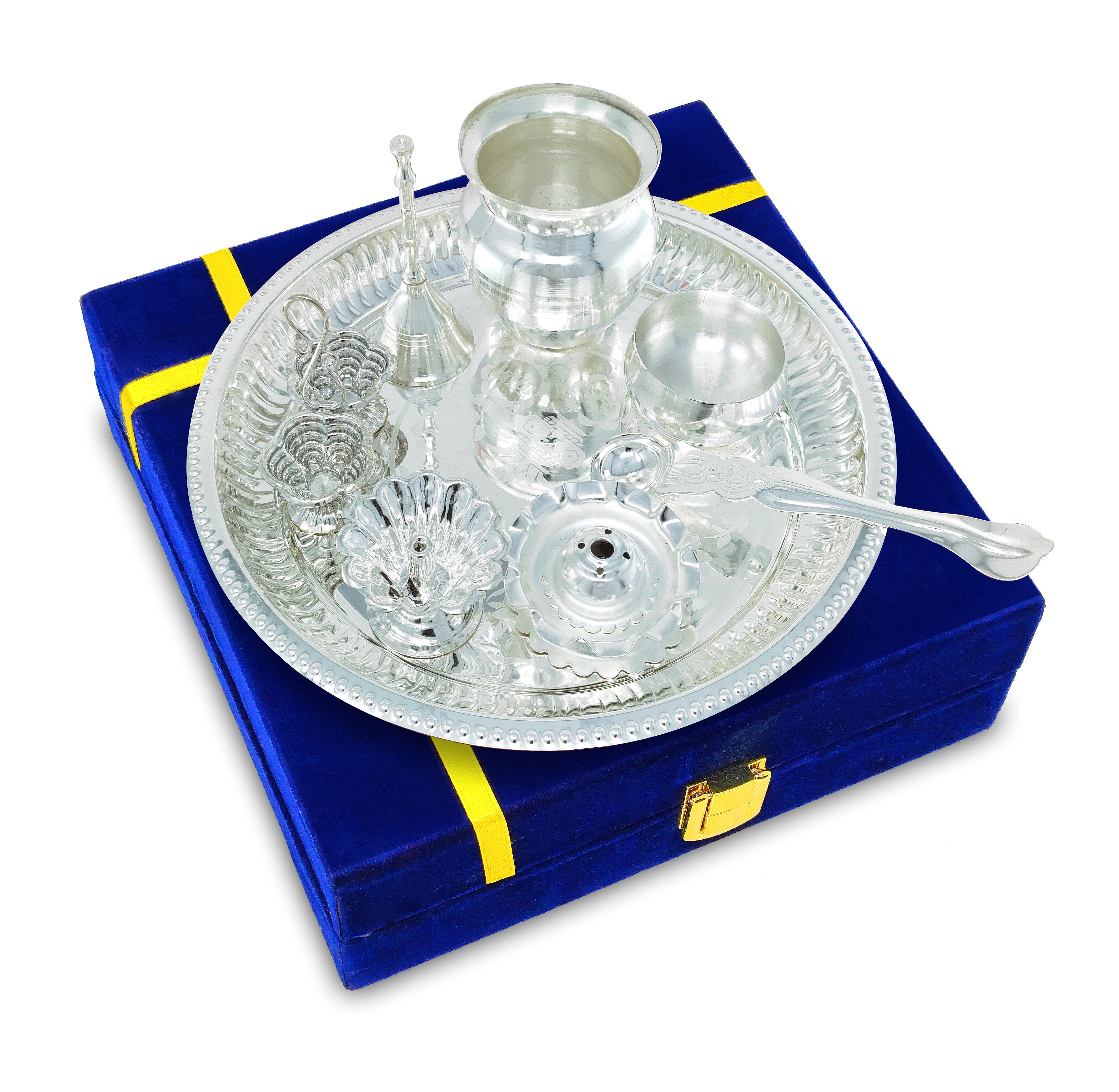 BENGALEN Pooja Thali Set Silver Plated with Blue Gift Box Puja Plate Devdas Diya Kalash Bowl Palli Haldi Kumkum Stand Dhup Dan Ghanti for Home Office Diwali Wedding Return Gifts