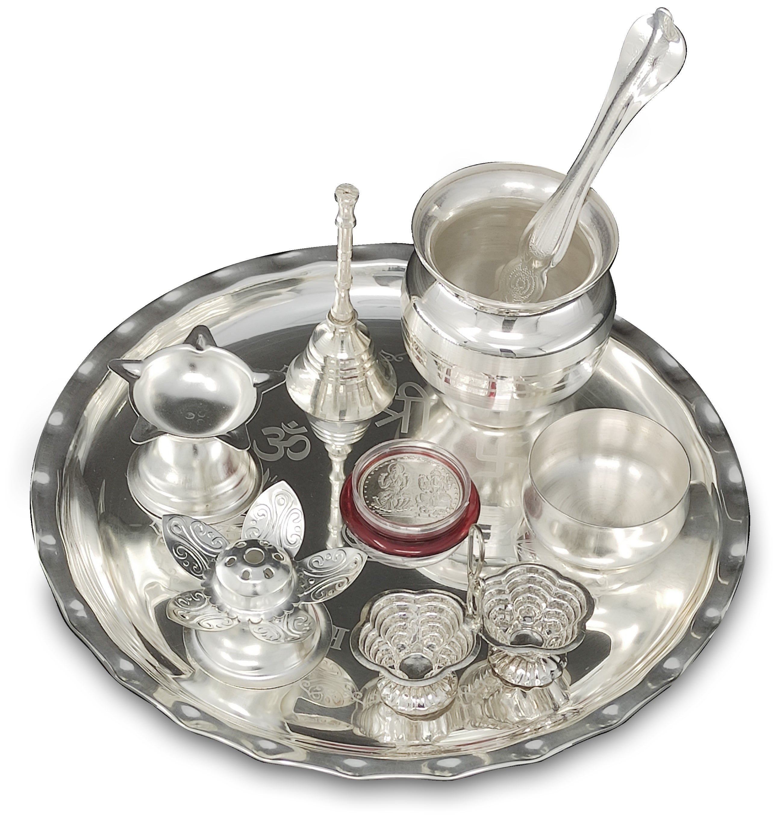 Bengalen Silver Plated Pooja thali Set 8 Inch with Plate Ghanti Bowl Spoon Dhup Dan Diya Kumkum Holder Coin Puja Thali for Home Mandir Office Wedding Return Diwali Gift Items