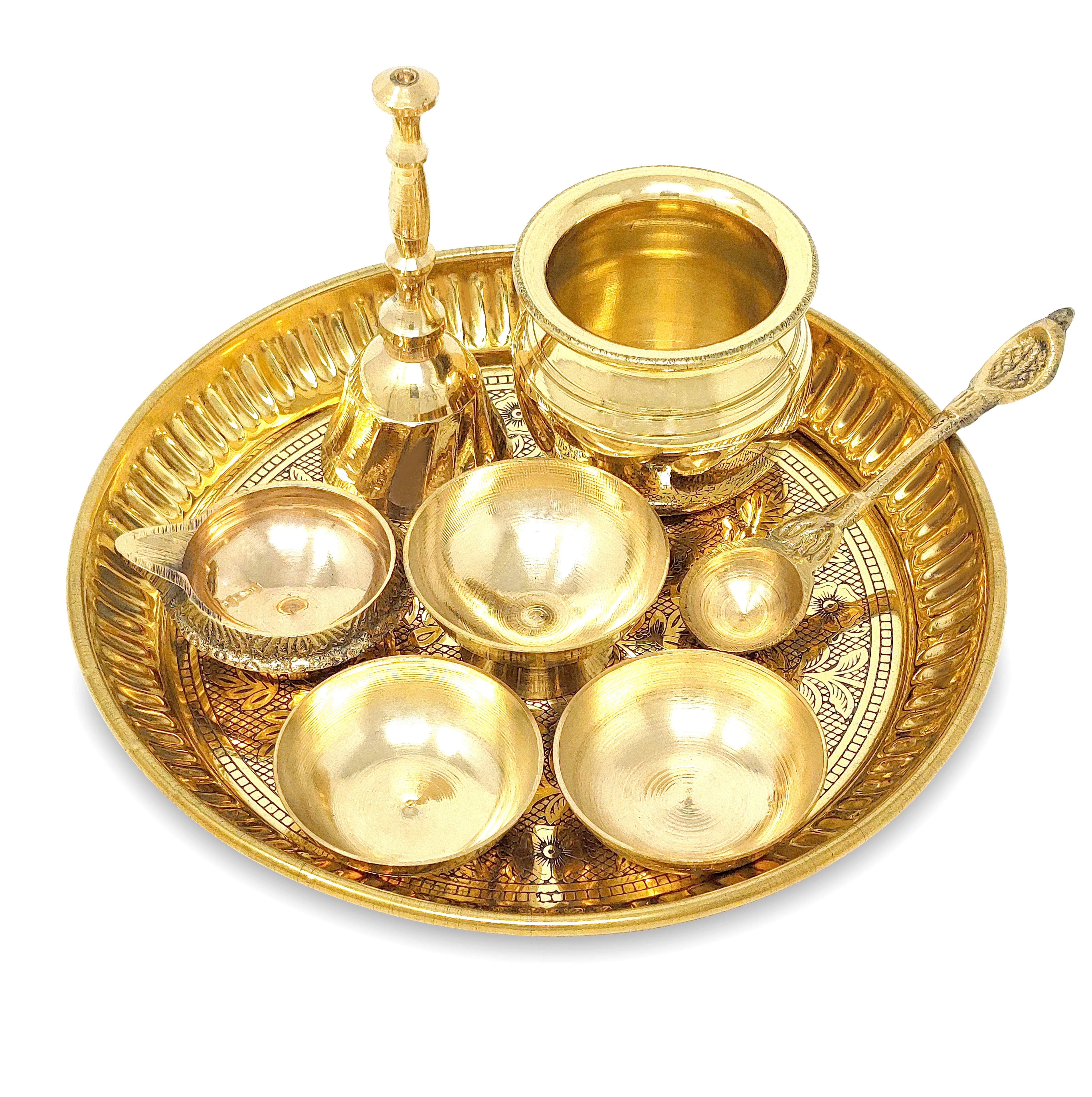 BENGALEN Brass Pooja Thali Set 6 Inch Puja Thali with Pital Plate Chandan Wati Kalash Kuber Diya Ghanti Palli Arti Thali for Diwali Home Office Mandir Wedding Return Gift Items
