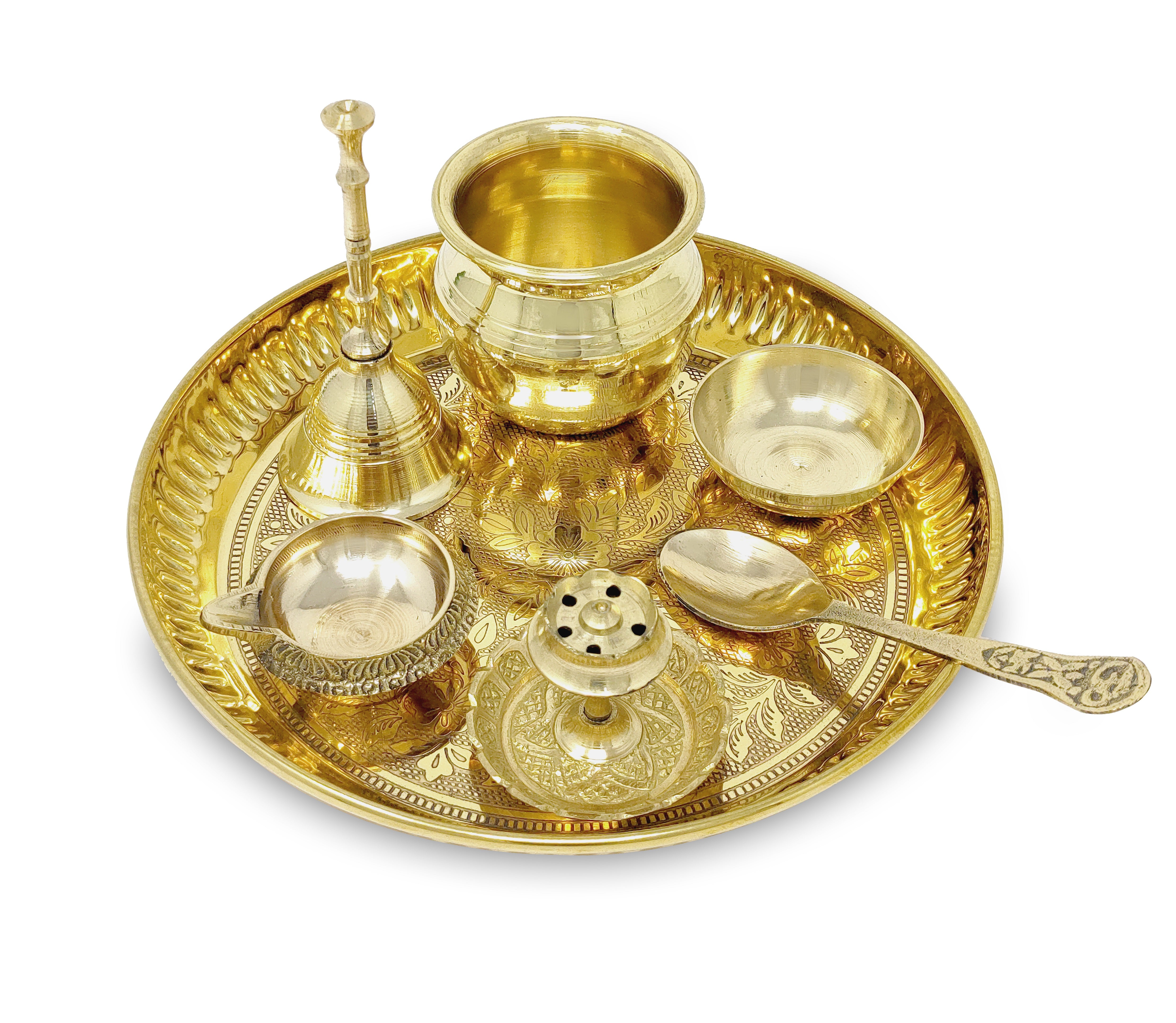 BENGALEN Brass Pooja Thali Set with Grey Gift Box 6 Inch