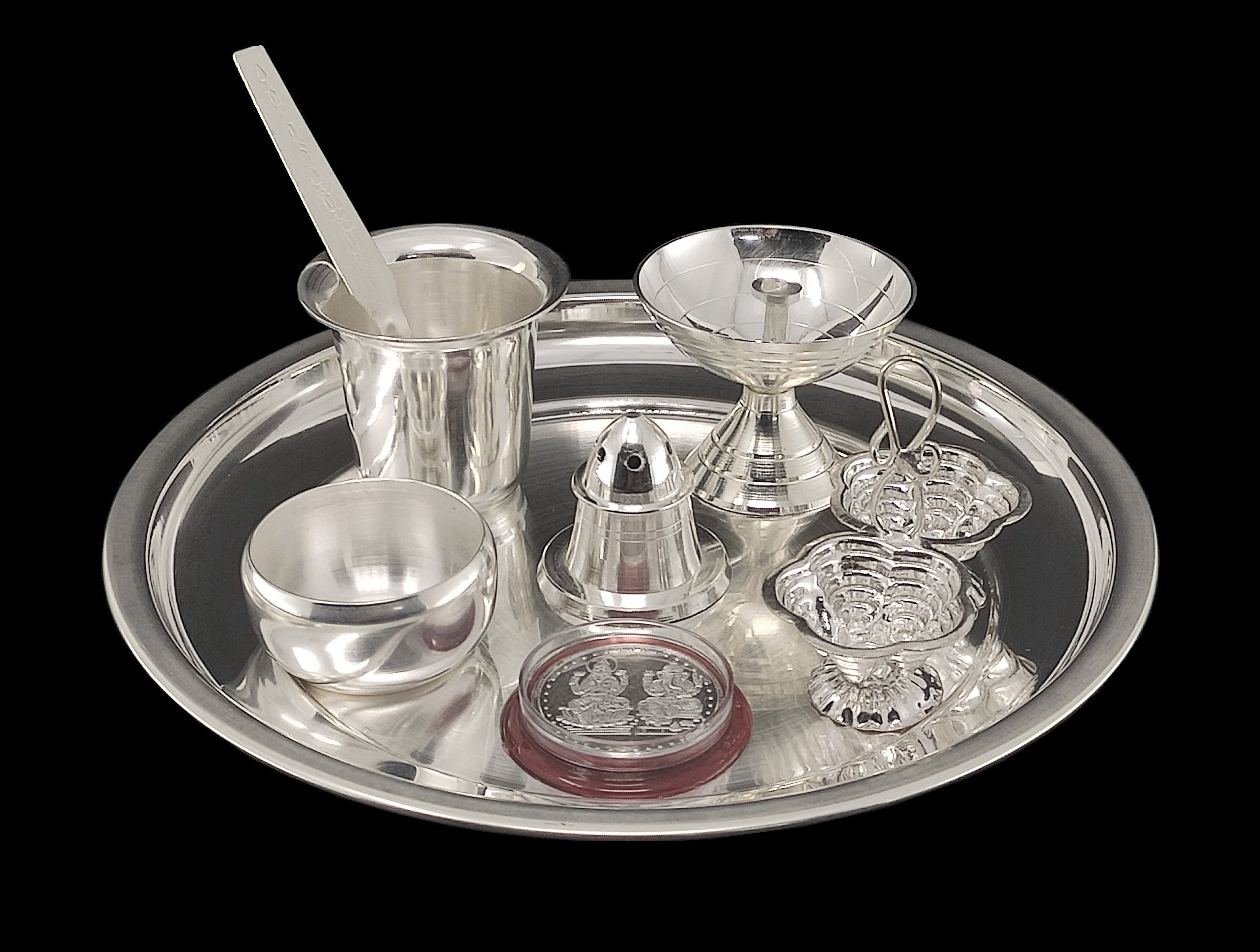 Bengalen Silver Plated Pooja Thali Set 7 Inch with Coin, Diya and Accessories Puja Decorative Items for Home Mandir Office Wedding Return Gift