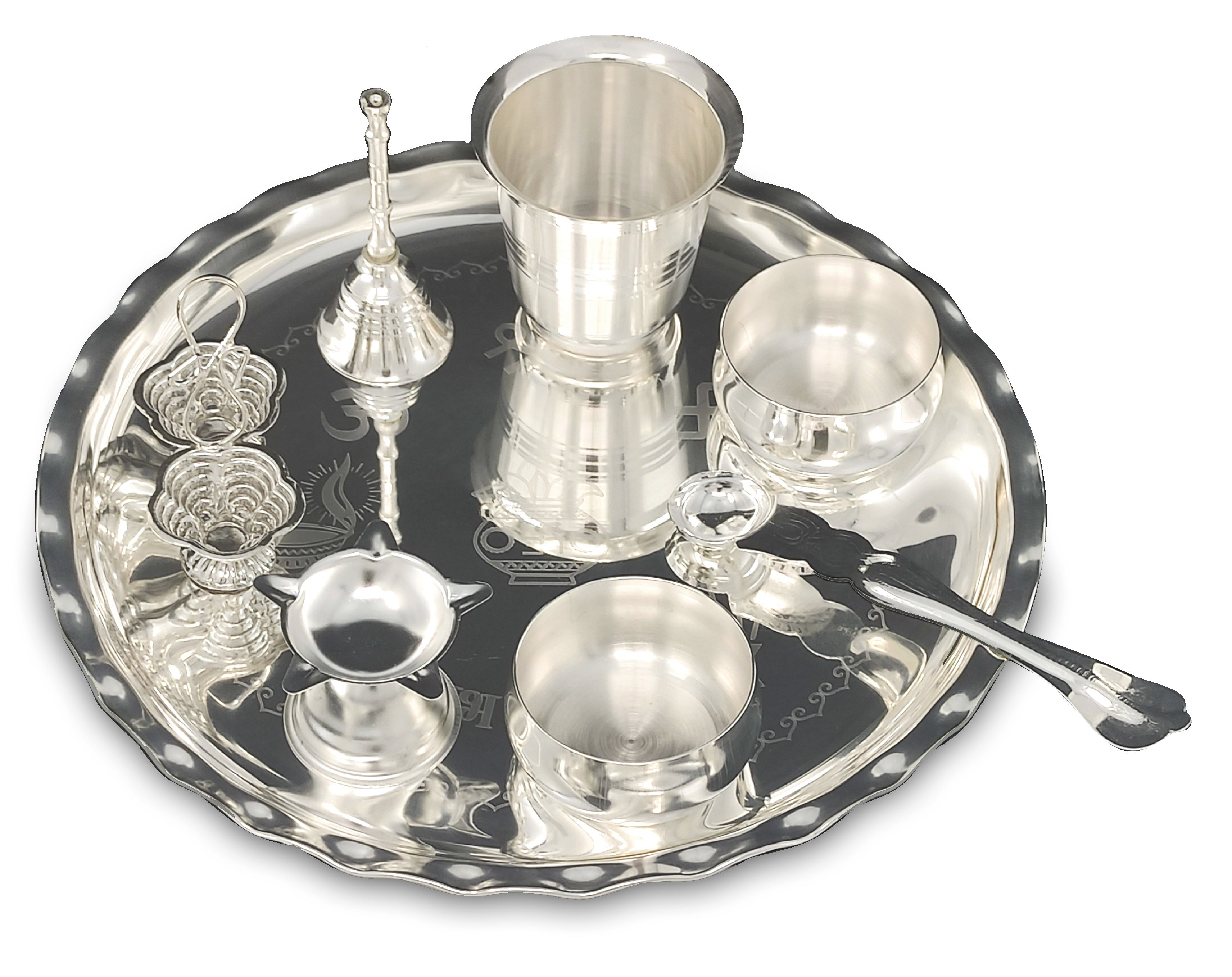 Bengalen Silver Plated Pooja thali Set 9.5 Inch with Plate Coin Haldi Kumkum Stand Diya Kalash Bowl Dhup Dan Palli Puja Thali for Home Mandir Office Diwali Wedding Return Gift Items