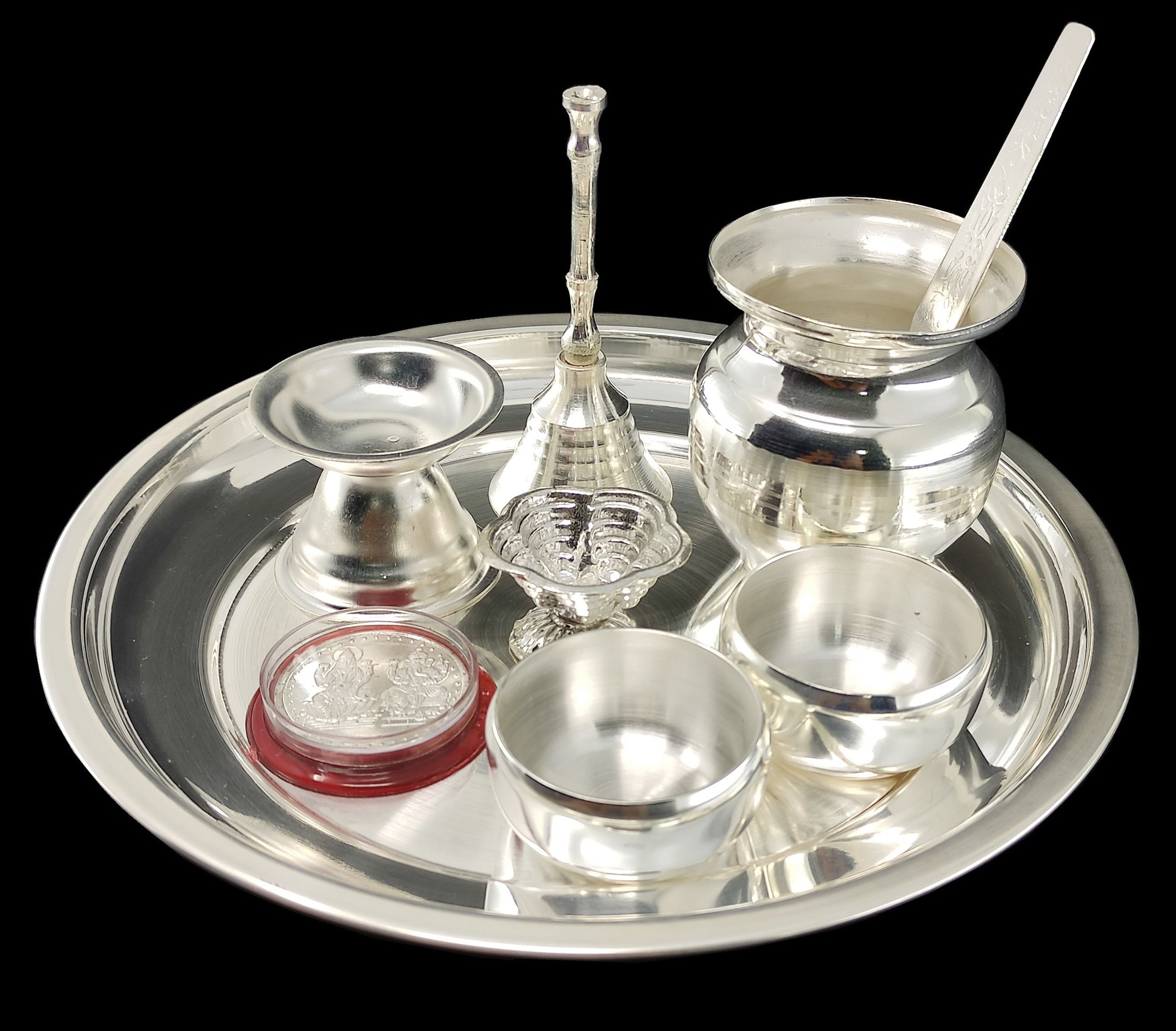 Bengalen Silver Plated Pooja Thali Set 7 Inch with Coin and Accessories Puja Decorative for Home Mandir Office Wedding Return Gift Items