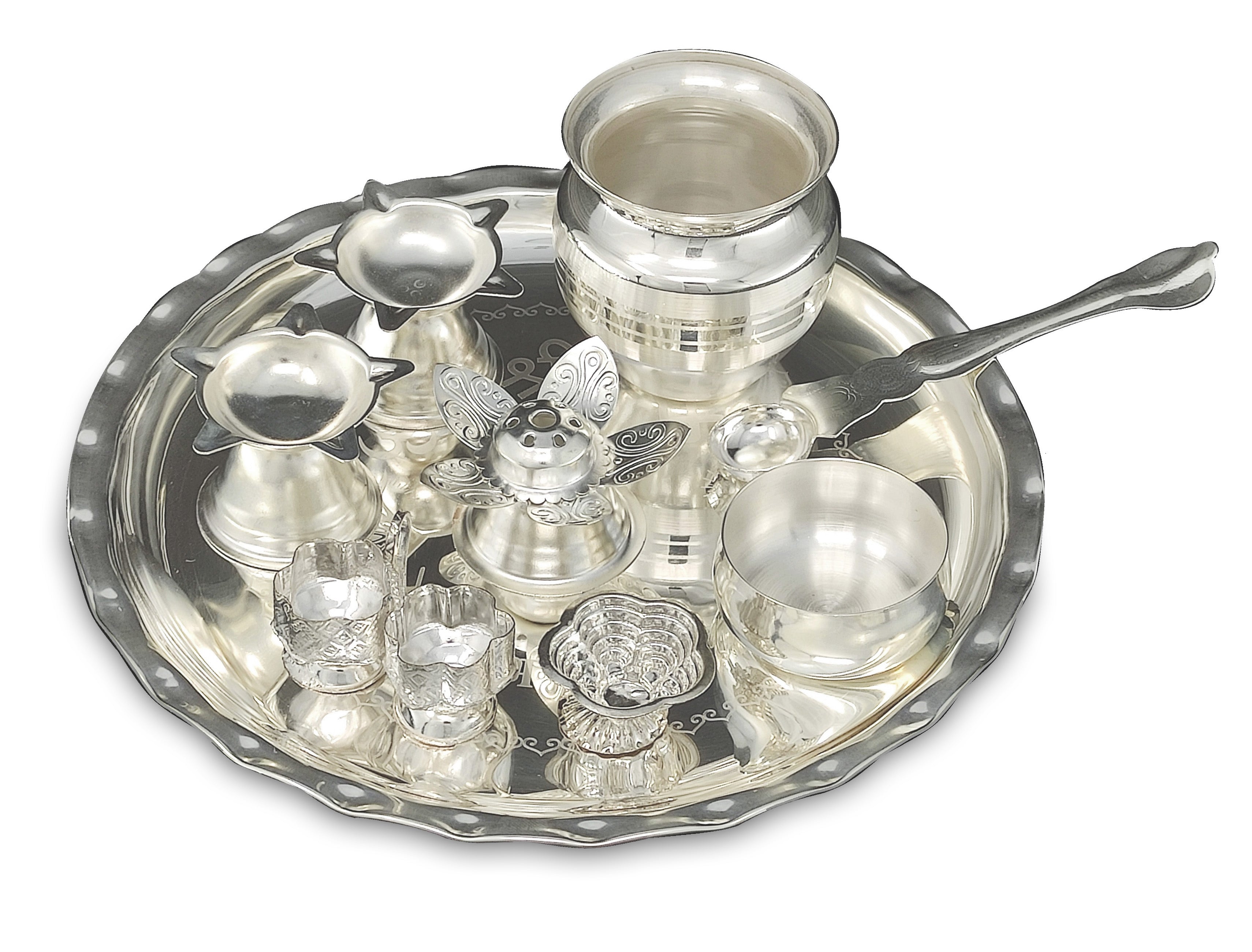 Bengalen Silver Plated Pooja thali Set 8 Inch with Plate Bowl Kalash Diya Palli Kumkum Holder Chandan Wati Puja Thali for Diwali Home Mandir Office Wedding Return Gift Items