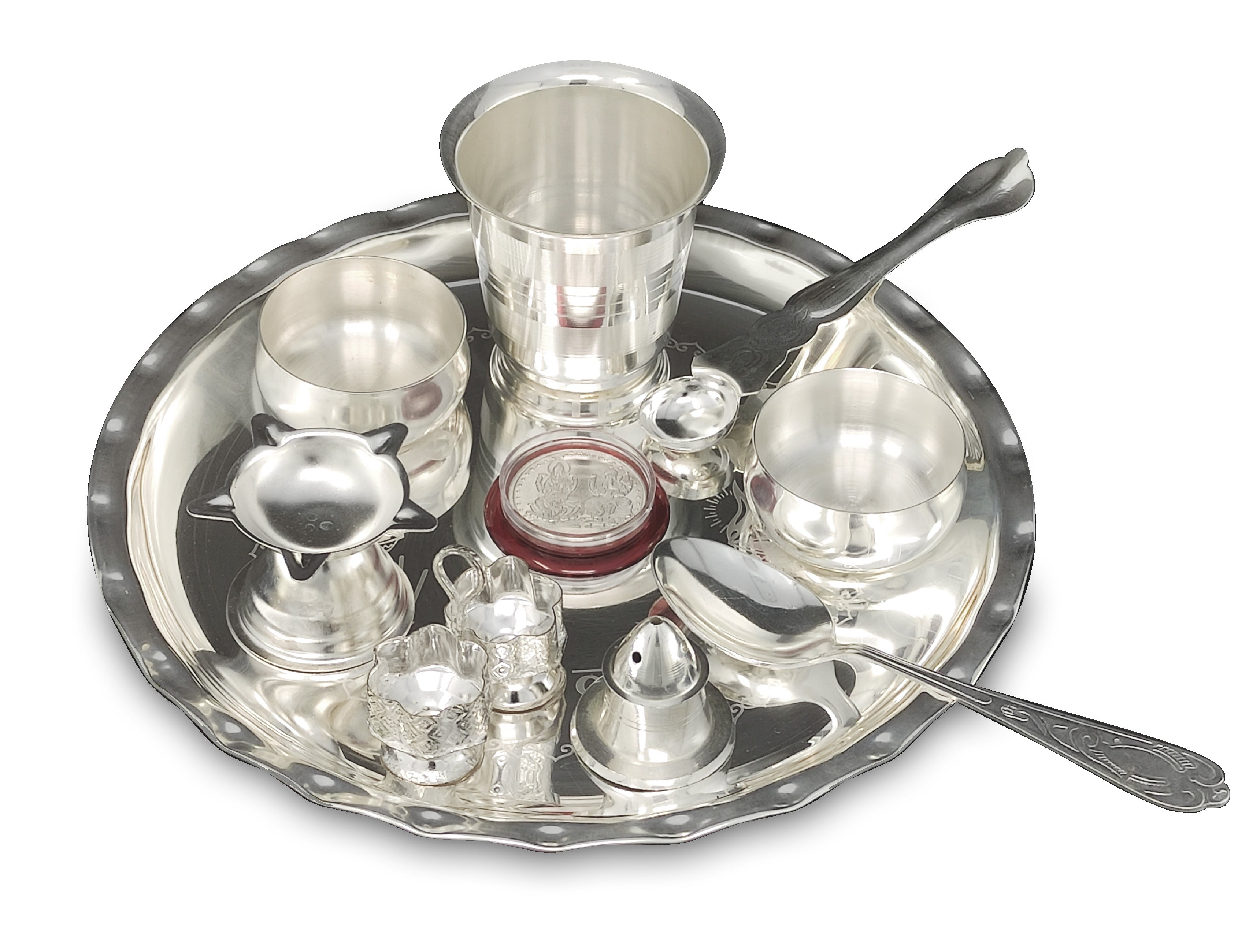 BENGALEN Silver Plated Pooja thali Set 8 Inch with Plate Bowl Glass Palli Spoon Dhup Dan Diya Kumkum Holder Coin Puja Thali for Diwali Home Mandir Office Wedding Return Gift Items