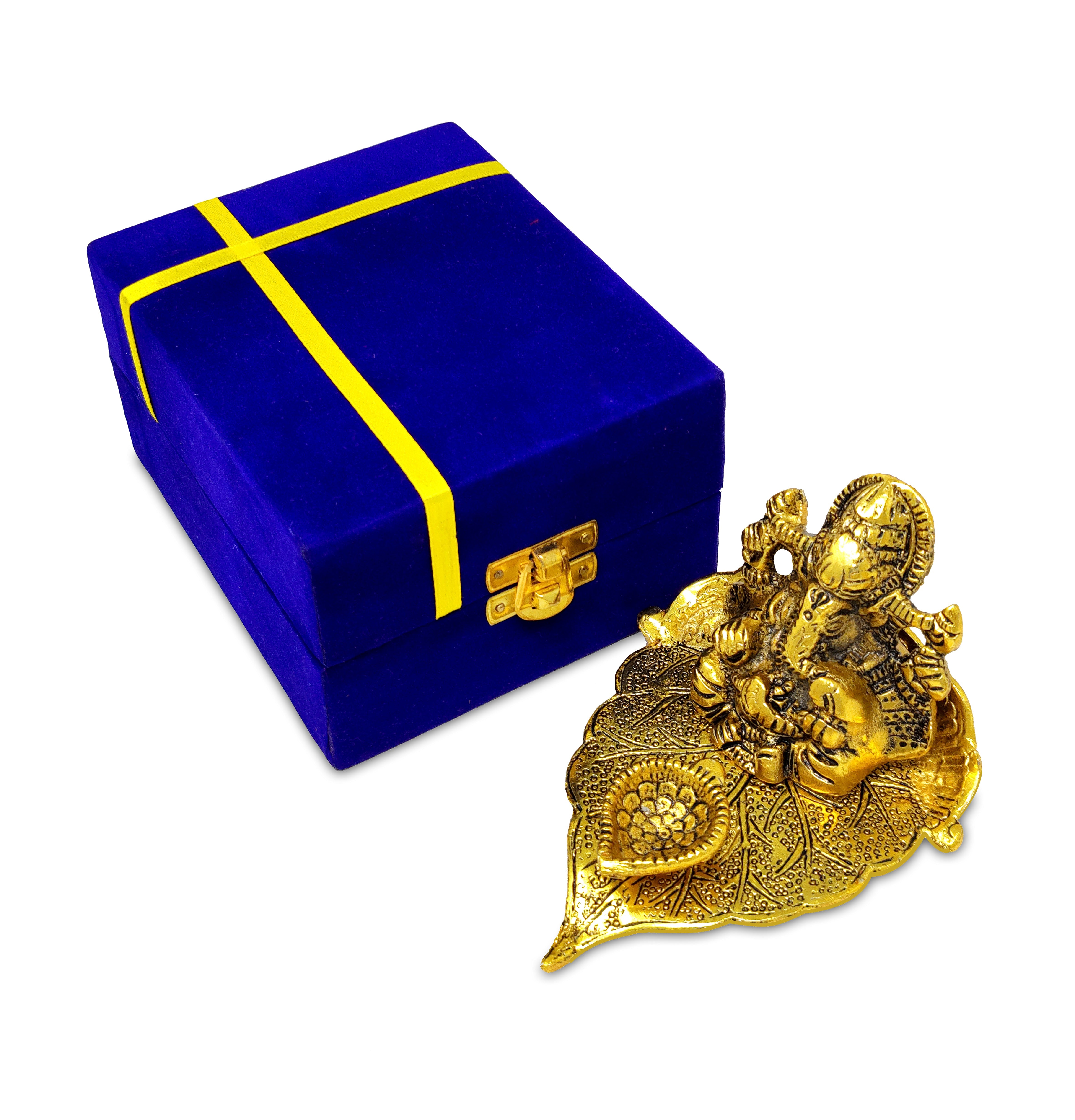 BENGALEN Diya Ganesha on Leaf Oil Lamp Statue Idol Gold with Blue Velvet Gift Box Pooja Items Diwali Decoration Puja Gifts Handmade Oil Lamp Traditional Indian Deepawali Gift Items