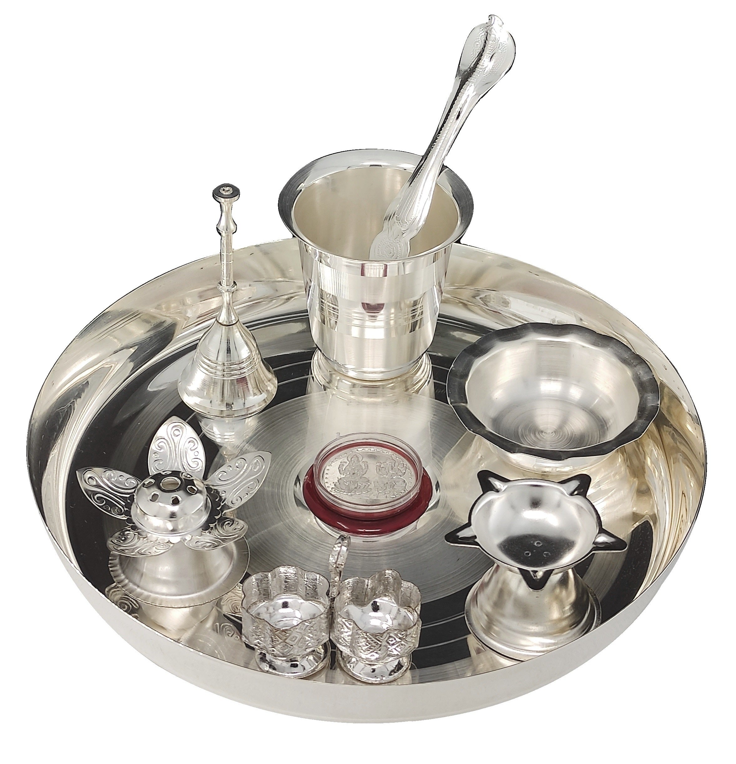 Bengalen Silver Plated Pooja thali Set 8 Inch with Plate Glass Bowl Agarbatti Stand Palli Diya Kumkum Stand Coin Ghanti Puja Thali for Diwali Home Mandir Office Wedding Return Gift Items