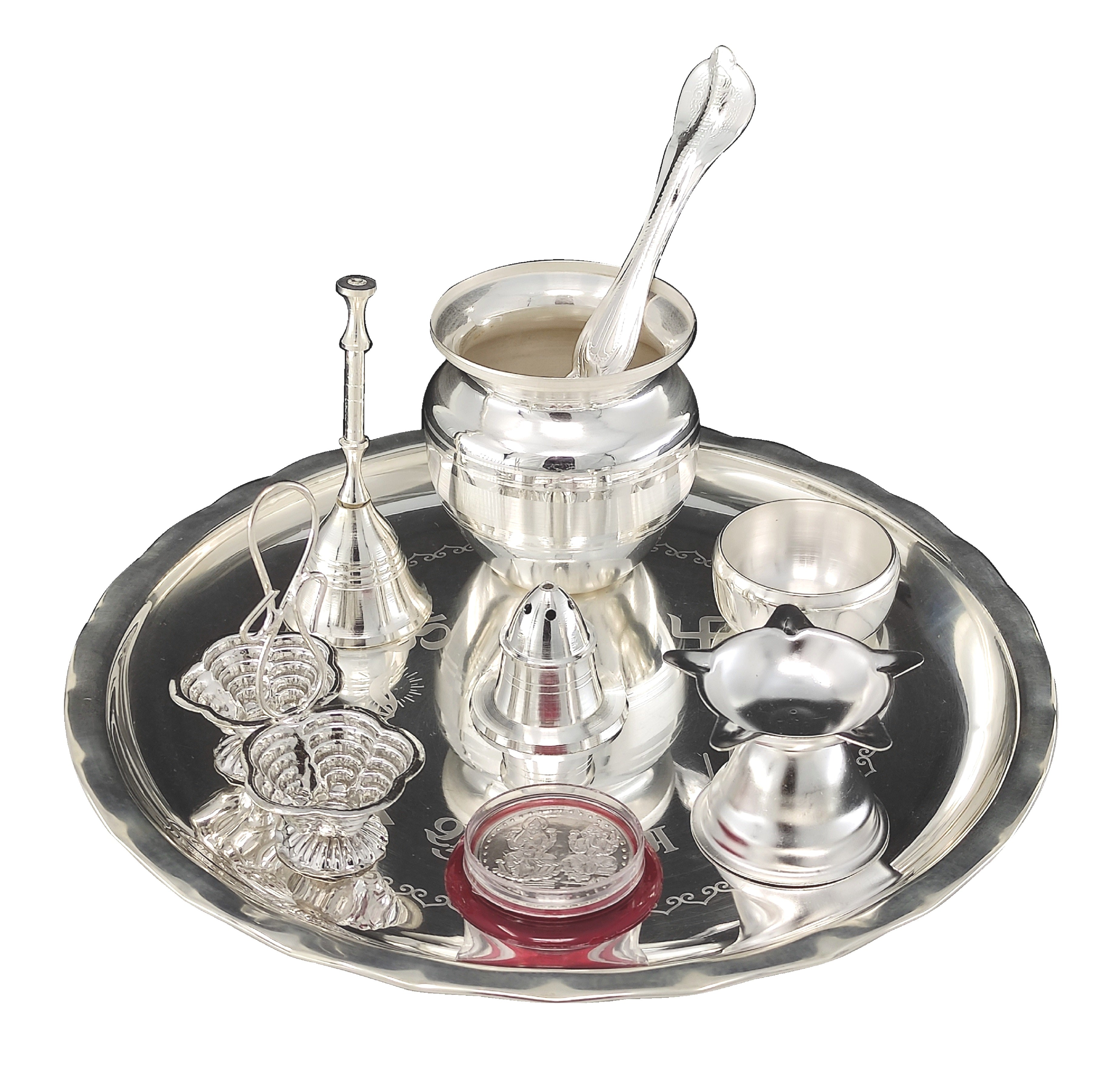 Bengalen Silver Plated Pooja thali Set 8 Inch with Plate Ghanti Bowl Spoon Coin Dhup Dan Diya Kumkum Stand Puja Thali for Home Mandir Office Wedding Return Diwali Gift Items