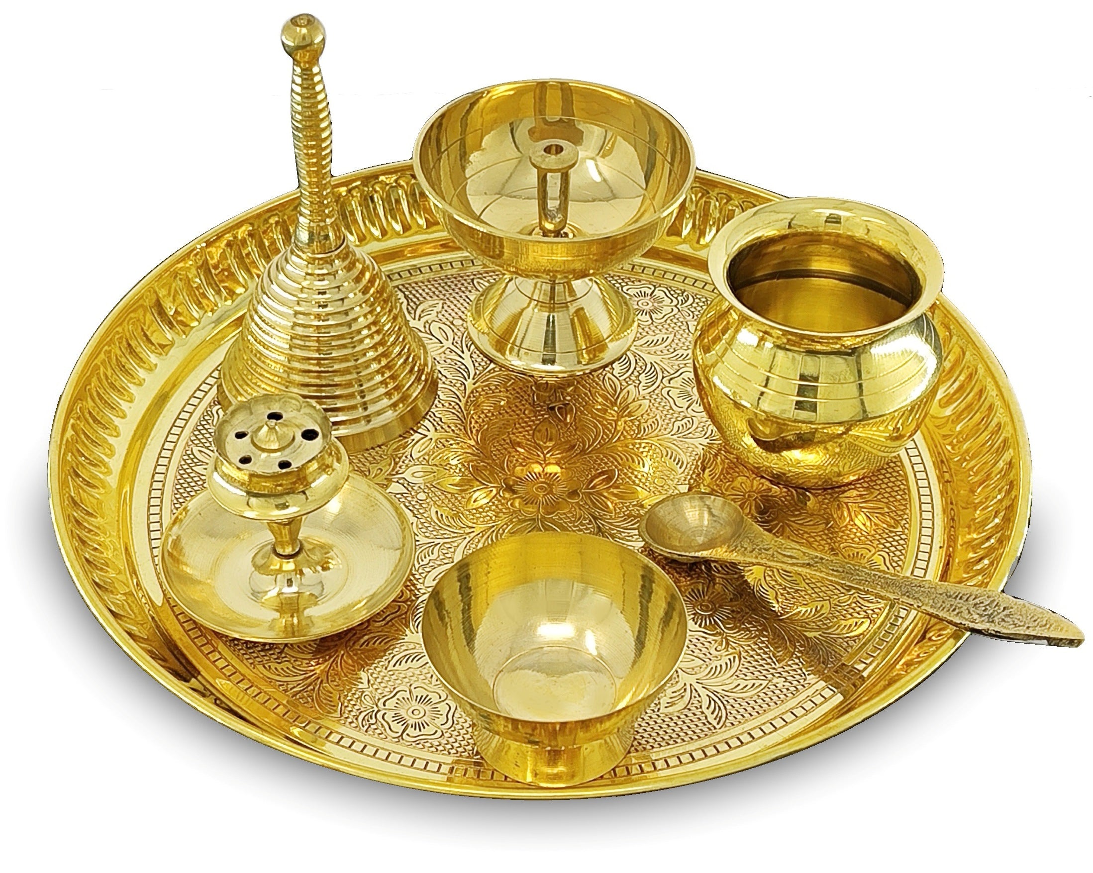 BENGALEN Brass Pooja Thali Set 8 Inch Puja Thali with Pital Plate Kalash Piyali Diya Ghanti Dhup Dan Chandan Wati Palli Arti Thali for Diwali Home Office Mandir Wedding Return Gift Items