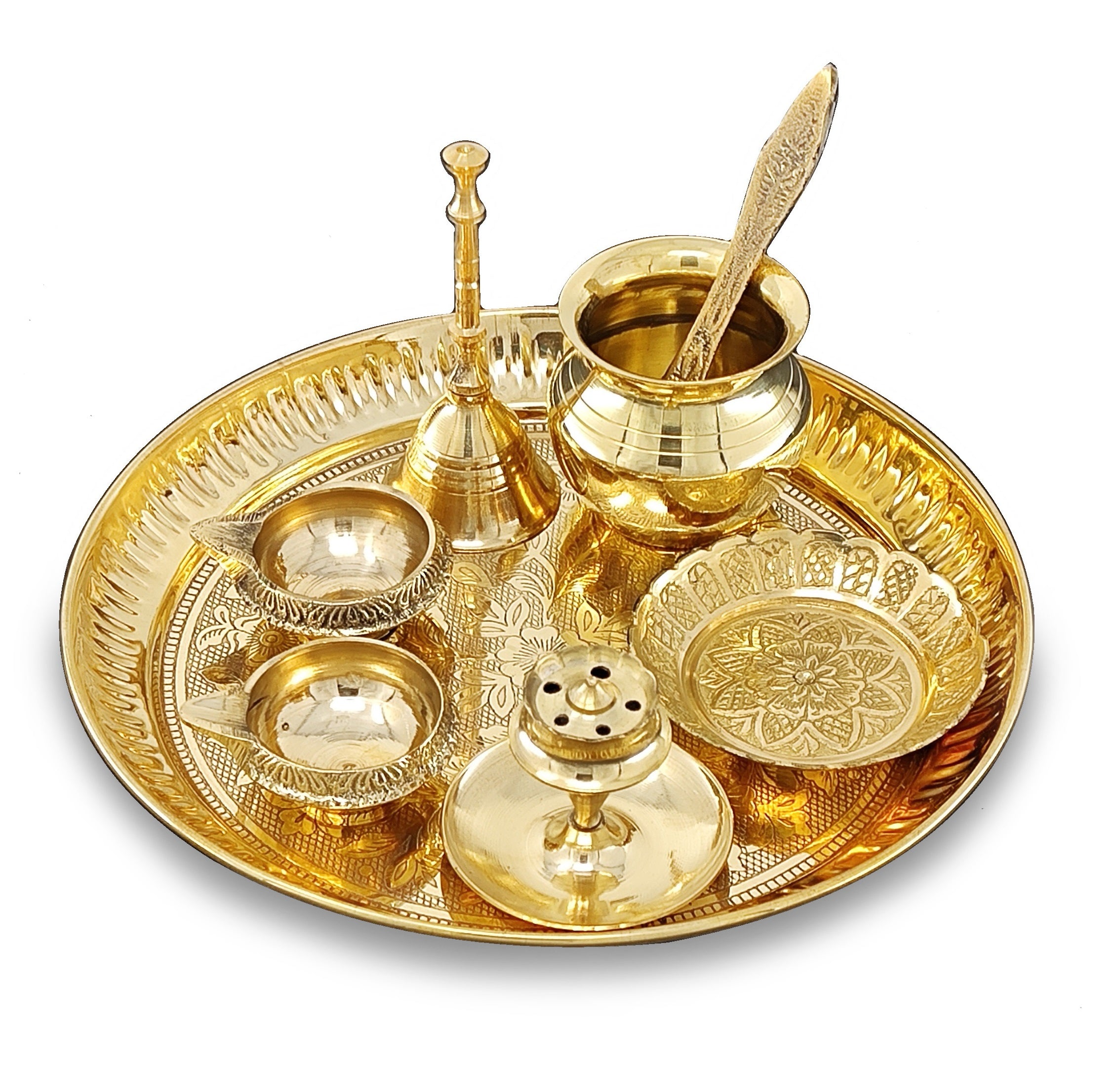 BENGALEN Brass Pooja Thali Set 7 Inch with Pital Puja Plate Kalash Bowl Spoon Dhup Dan Palli Ghanti Kuber Diya Chandan Wati Arti Thali for Diwali Home Office Mandir Wedding Return Gift Items