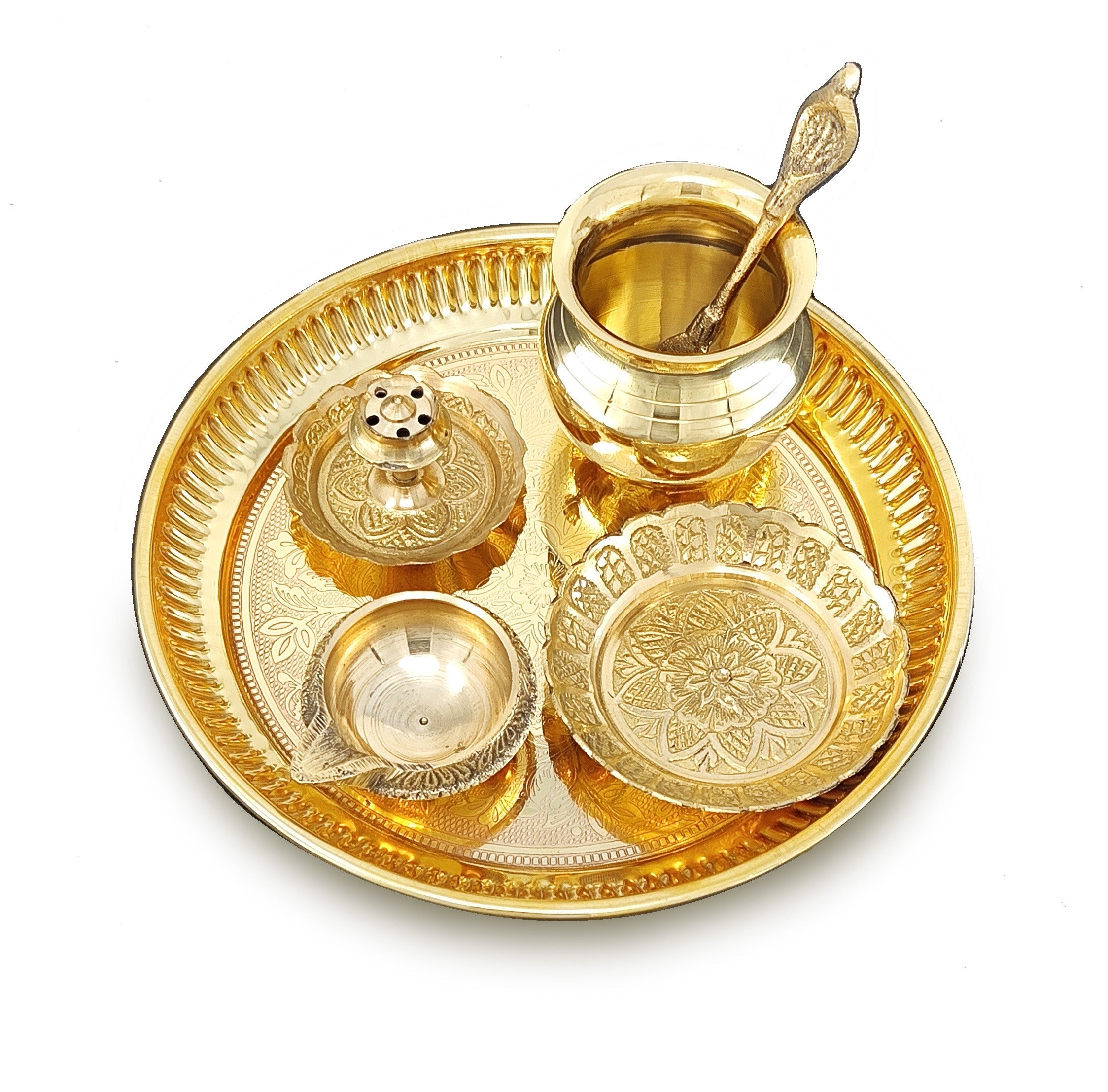 BENGALEN Brass Pooja Thali Set 6 Inch Puja Thali with Pital Plate Kalash Kuber Diya Dhup Dan Palli Kangura Plate Arti Thali for Diwali Home Office Mandir Wedding Return Gift Items