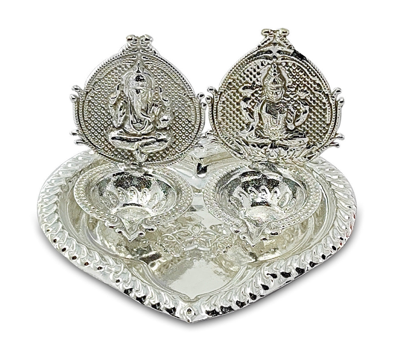 BENGALEN Silver Plated Lakshmi Ganesha Diya with Red Velvet Gift Box Dia Pooja Items Diwali Decoration Puja Gifts Handmade Gift Items