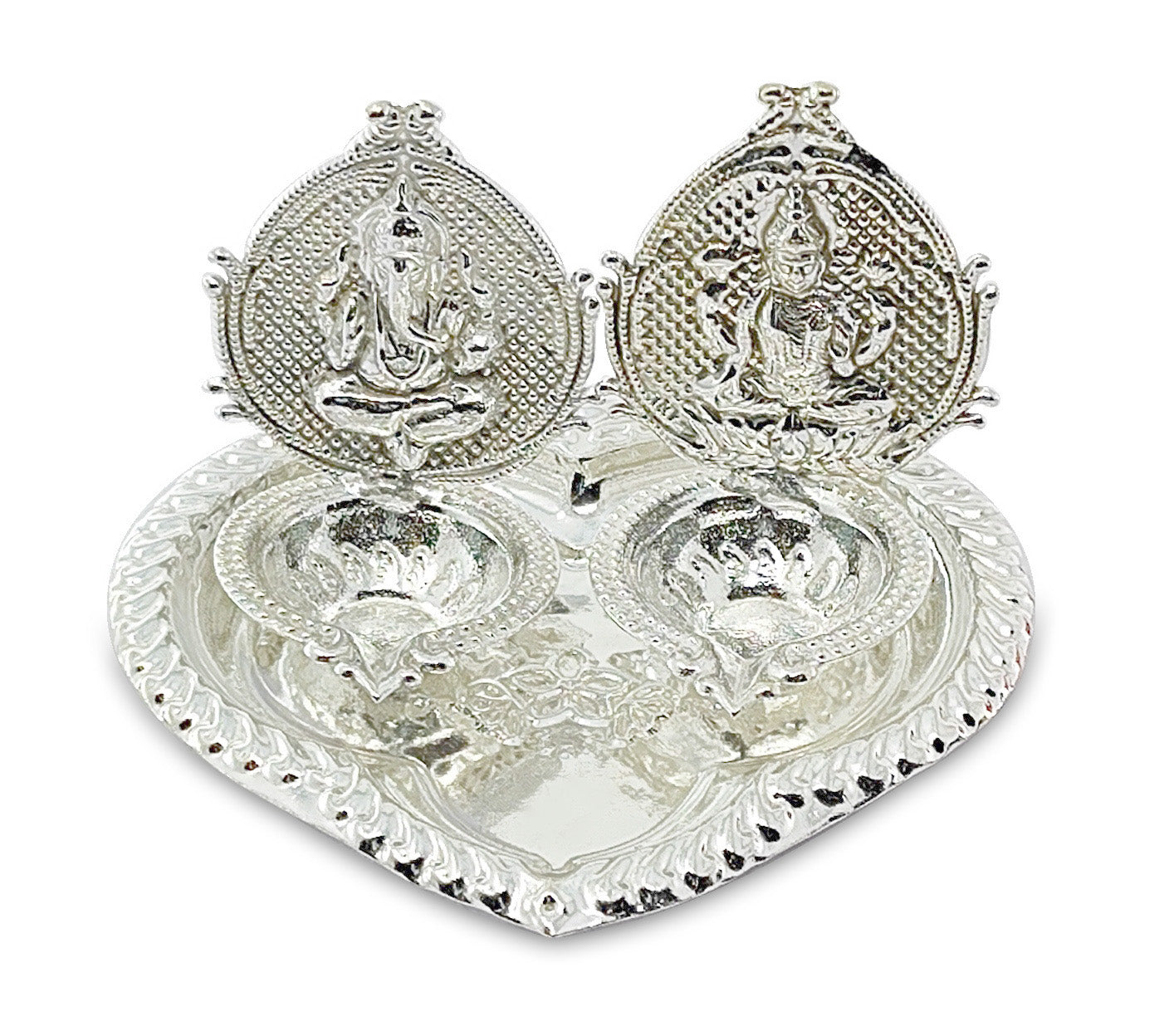 BENGALEN Silver Plated Lakshmi Ganesha Diya with Blue Velvet Gift Box Dia Pooja Items Diwali Decoration Puja Gifts Handmade Gift Items